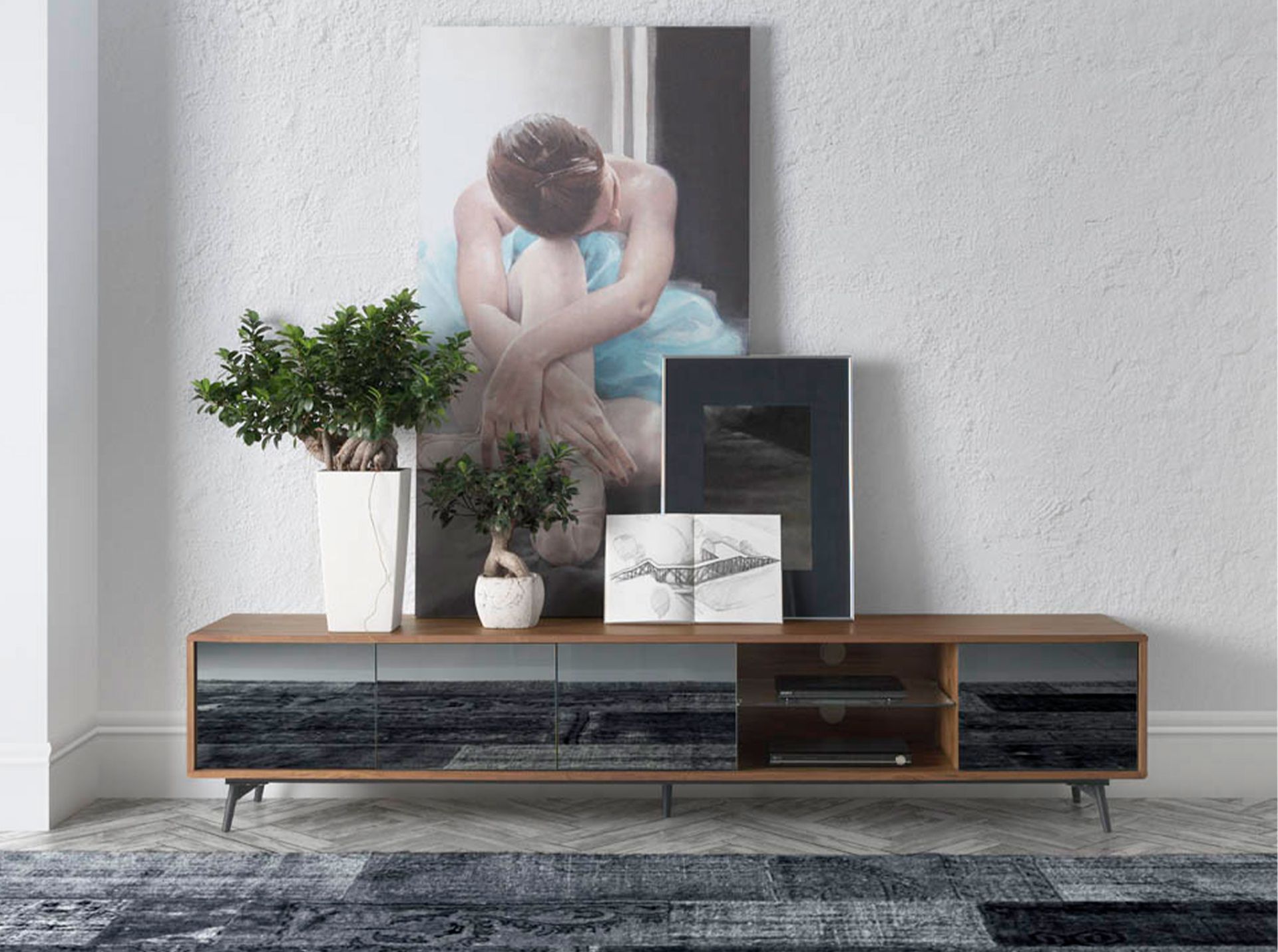 Lowboard Walnut wood Glass Steel Black