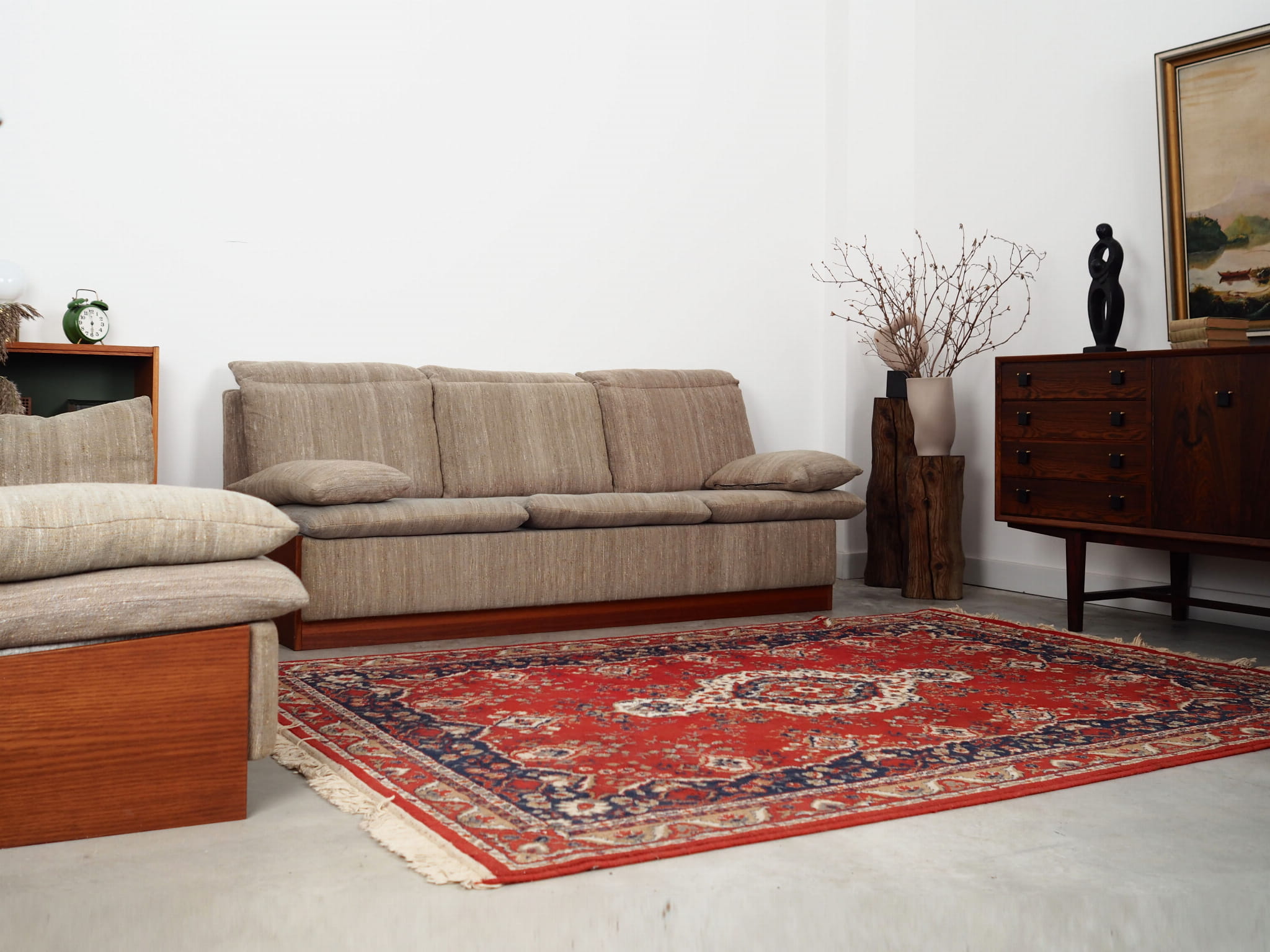 Vintage Sofa 3-Seater Teak Wood Textile Grey 1970s
