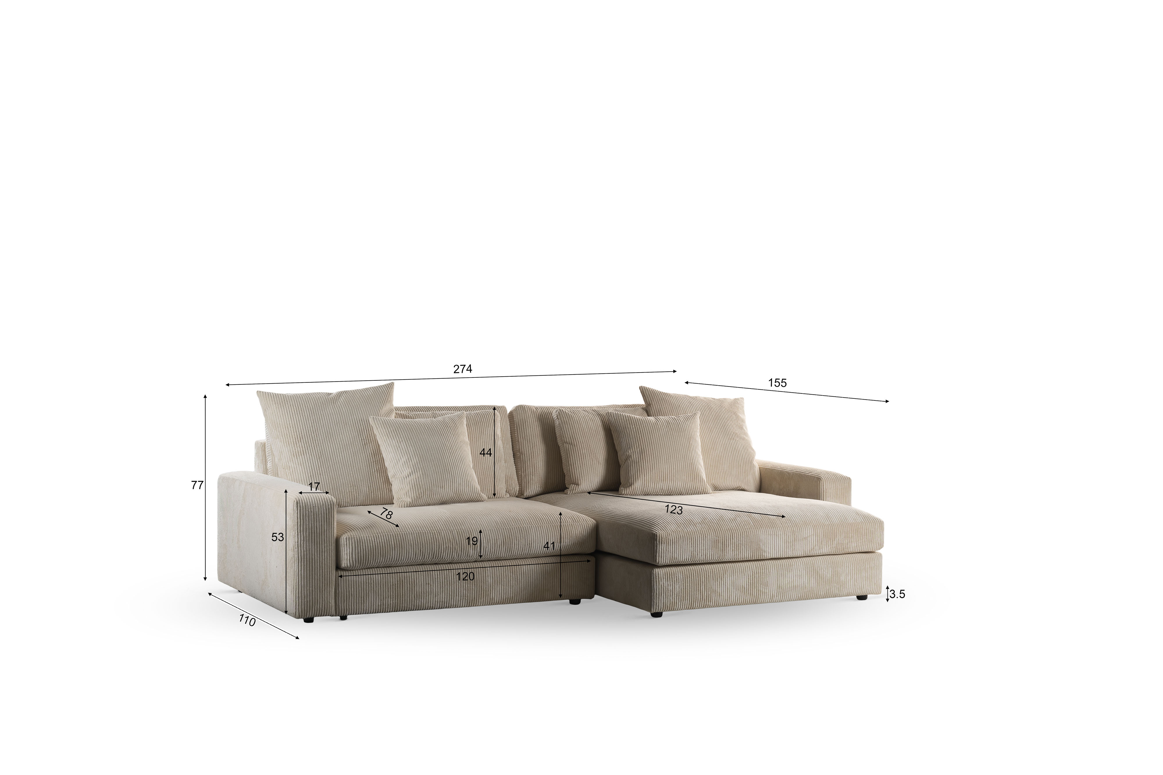Sofa 3-Seater Right Left Beige
