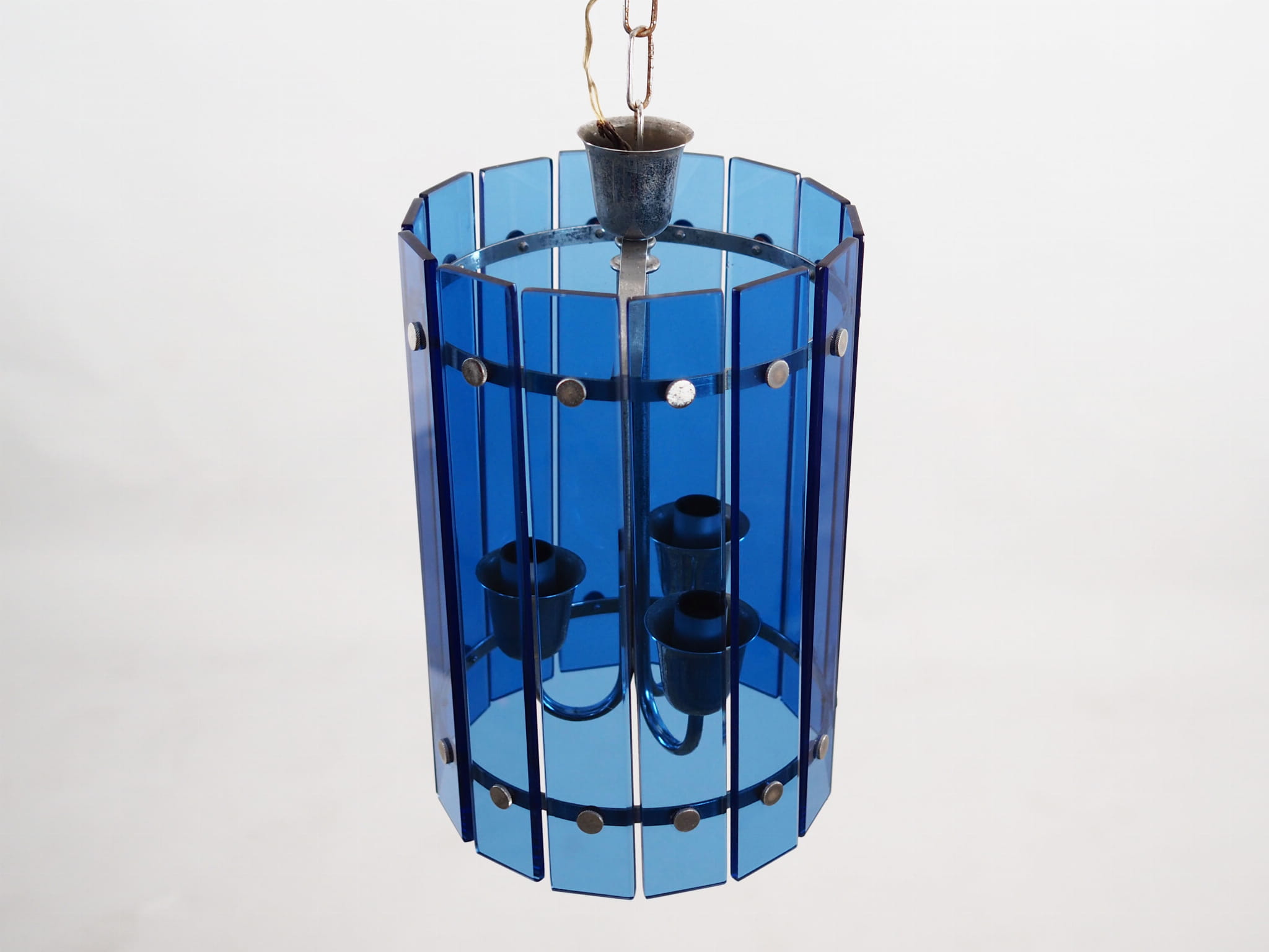 Lampada a sospensione in vetro blu anni '70
