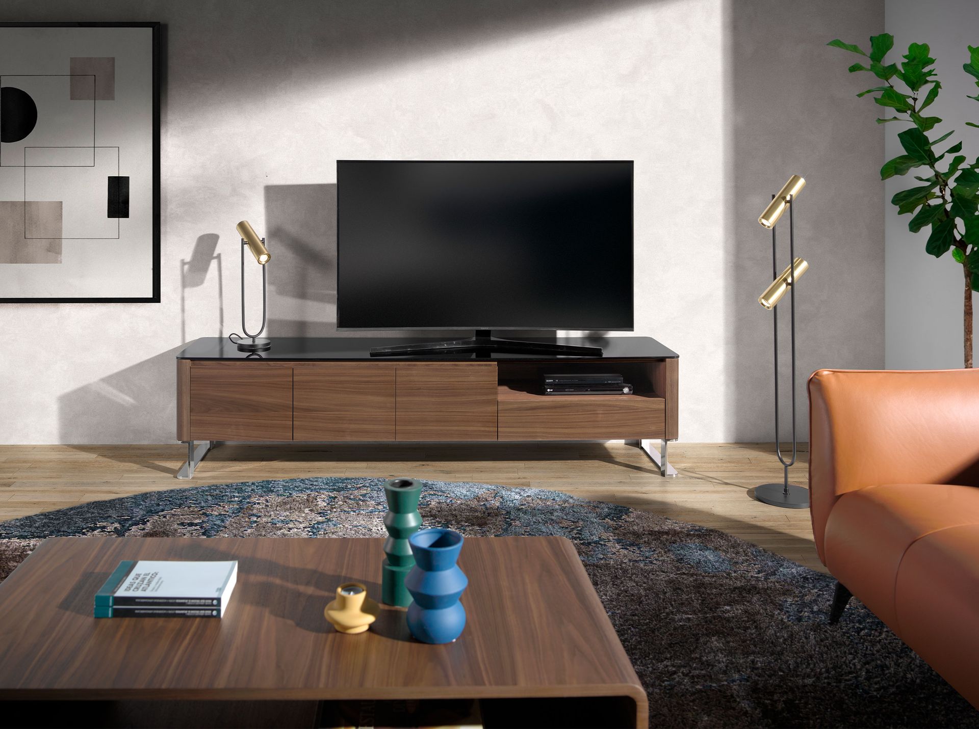 Lowboard wood veneer Chrome-plated steel