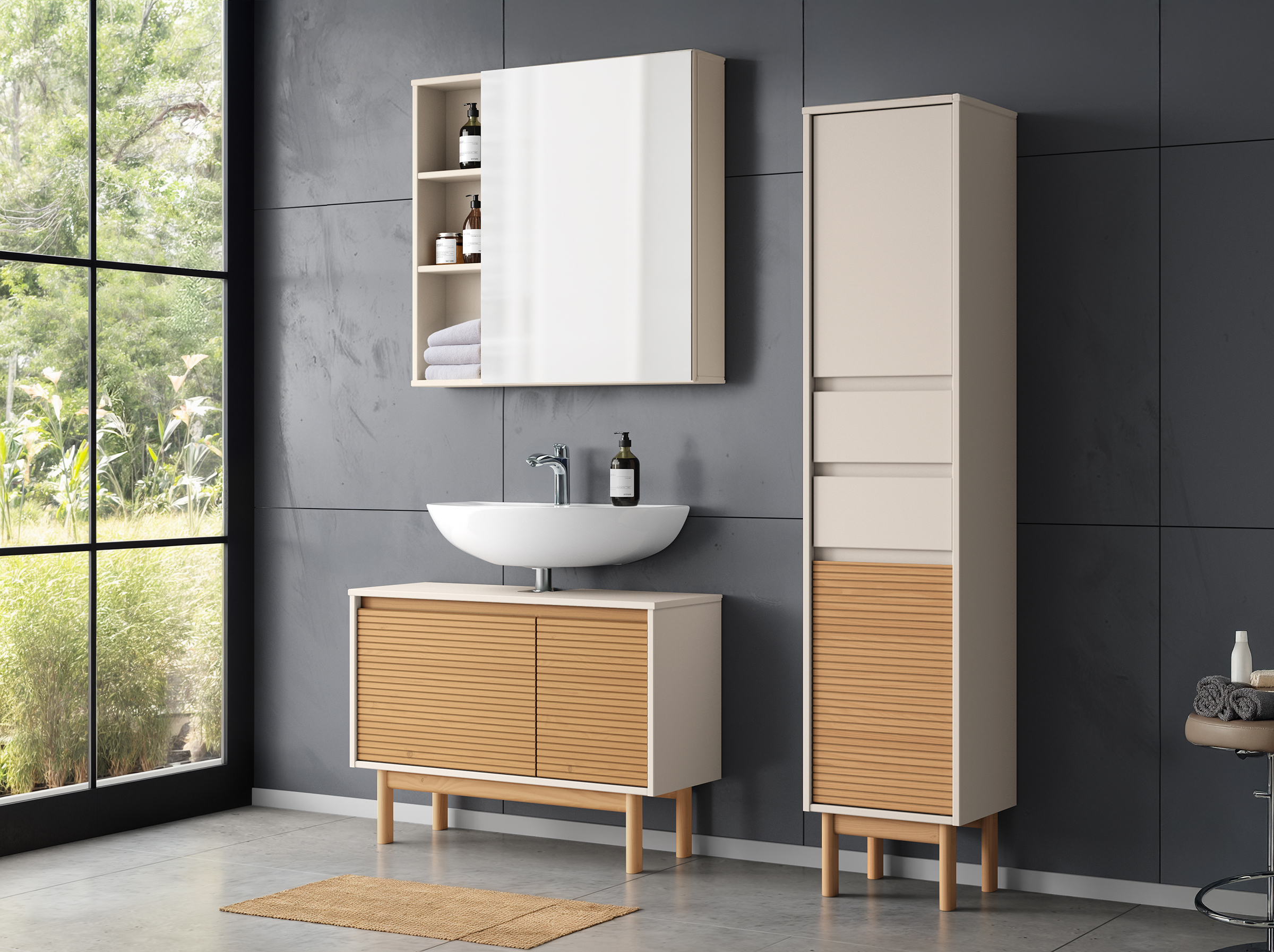 Washbasin base cabinet CAVA Pine Solid Beige