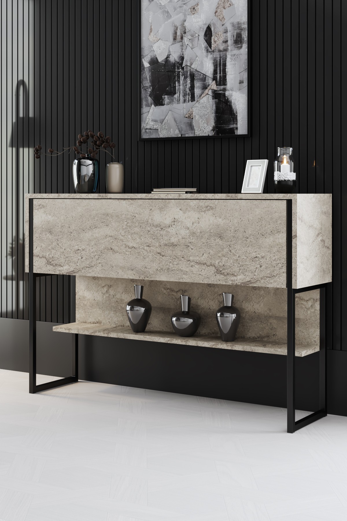 Luxe Sideboard Holz Travertine Schwarz