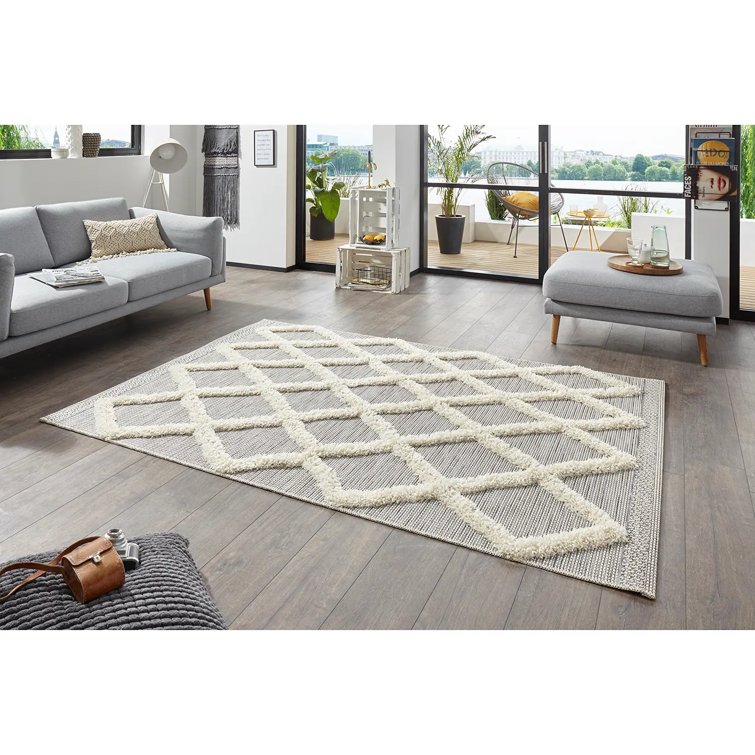 Ayoun In-/Outdoorteppich Hellgrau Creme
