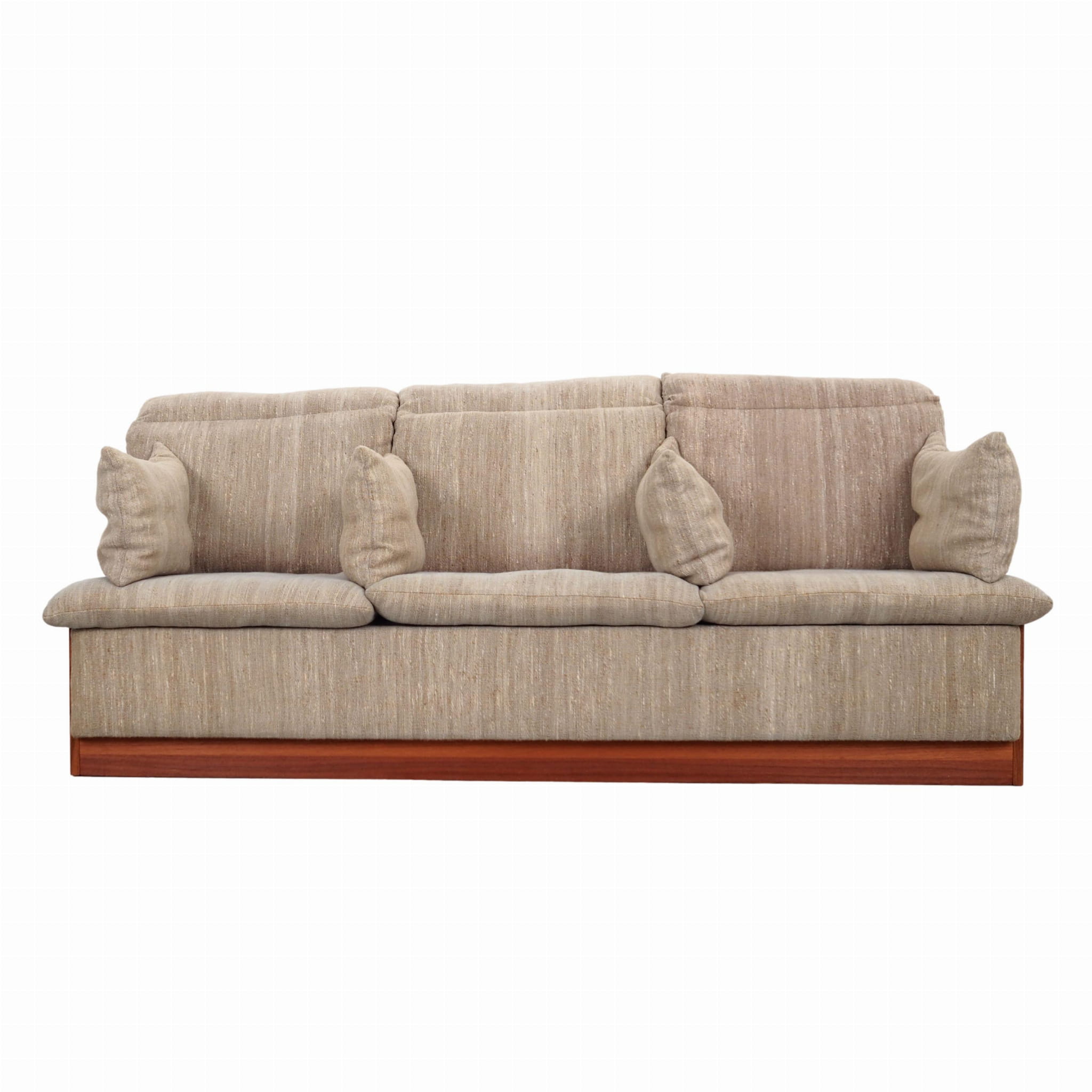 Divano vintage 3 posti in legno di teak e tessuto grigio anni '70