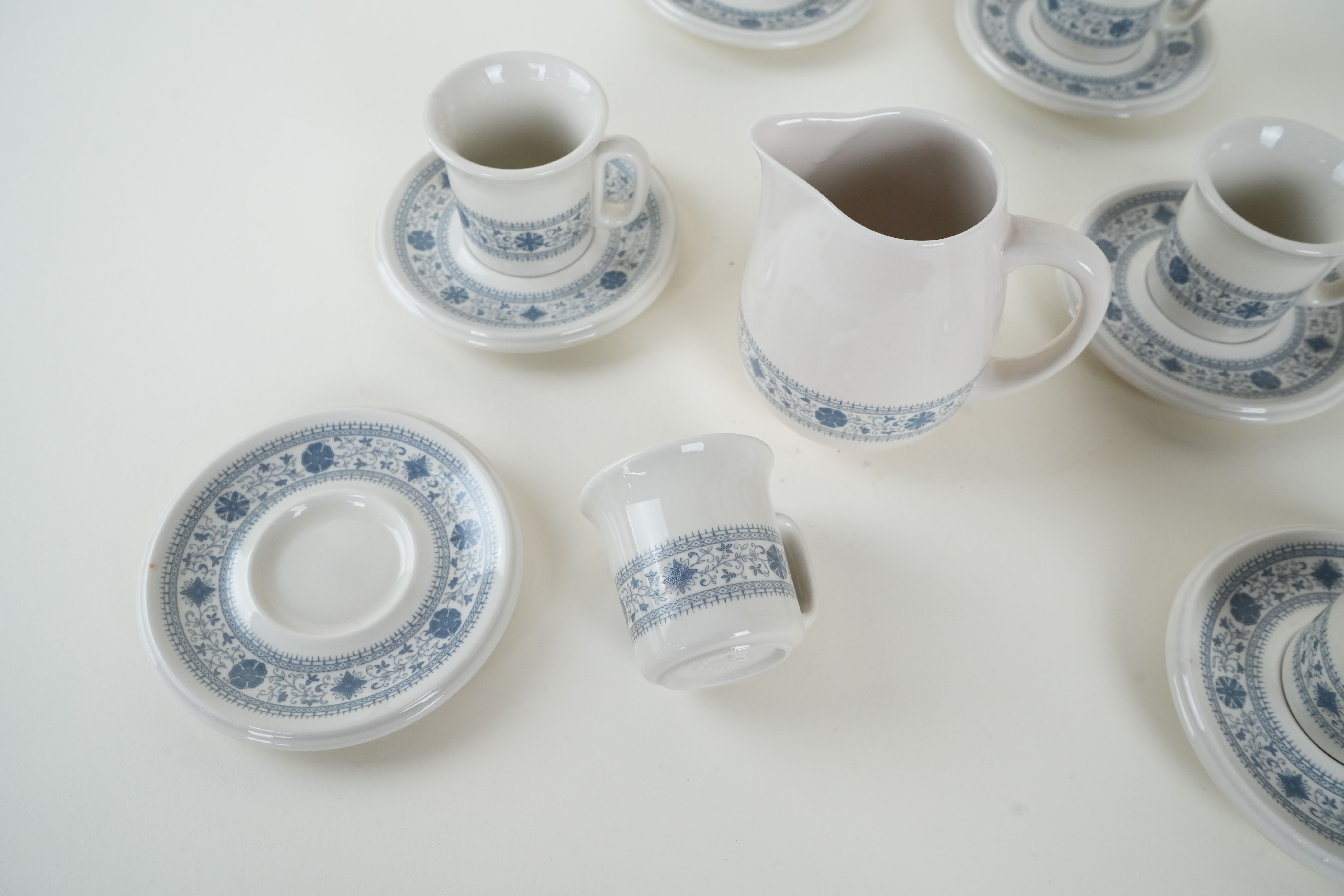 Vintage Tea Set of 13 Porcelain Ivory Blue 1970s