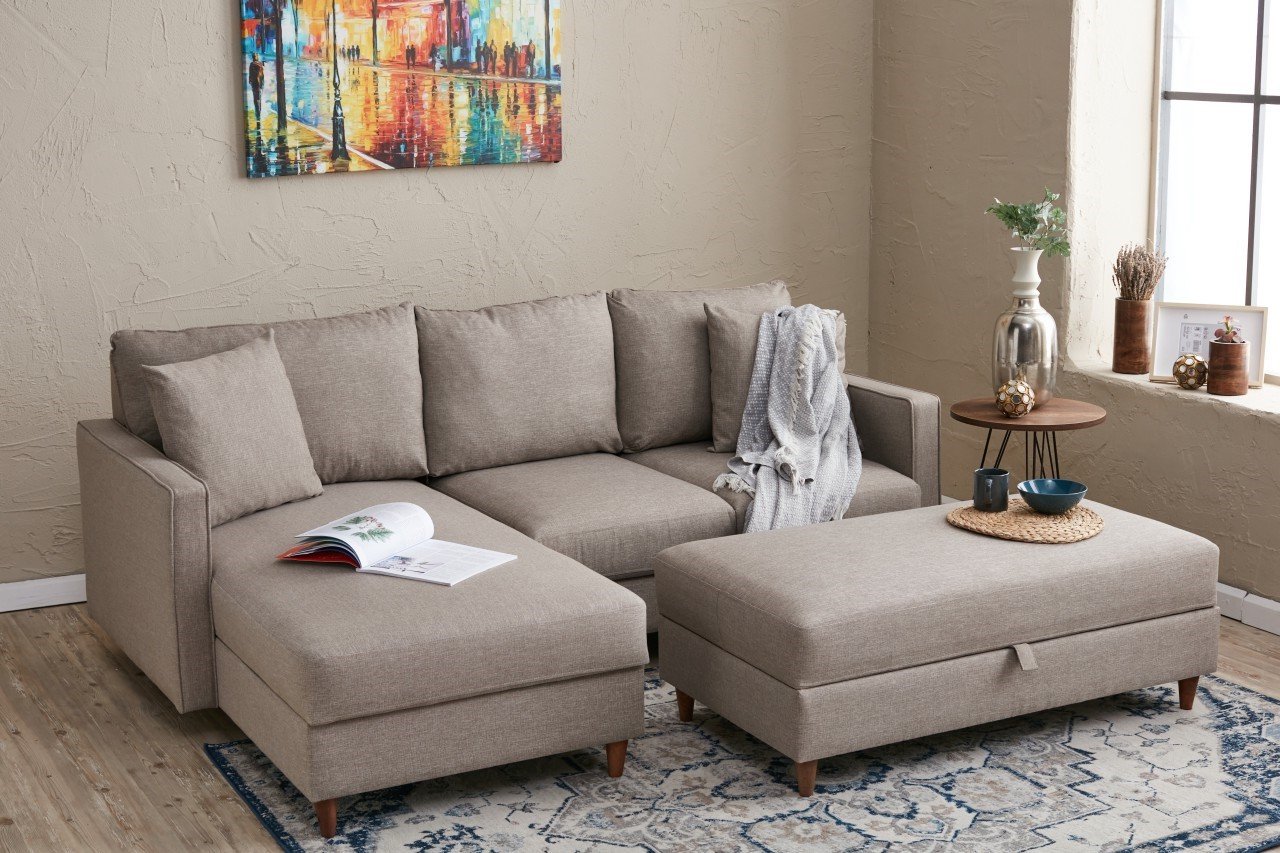 Eva Sofa Récamiere Links mit Hocker Creme