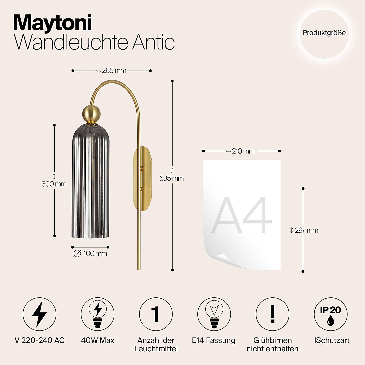 Antic 1-flammige Wandleuchte Rauchglas Gold