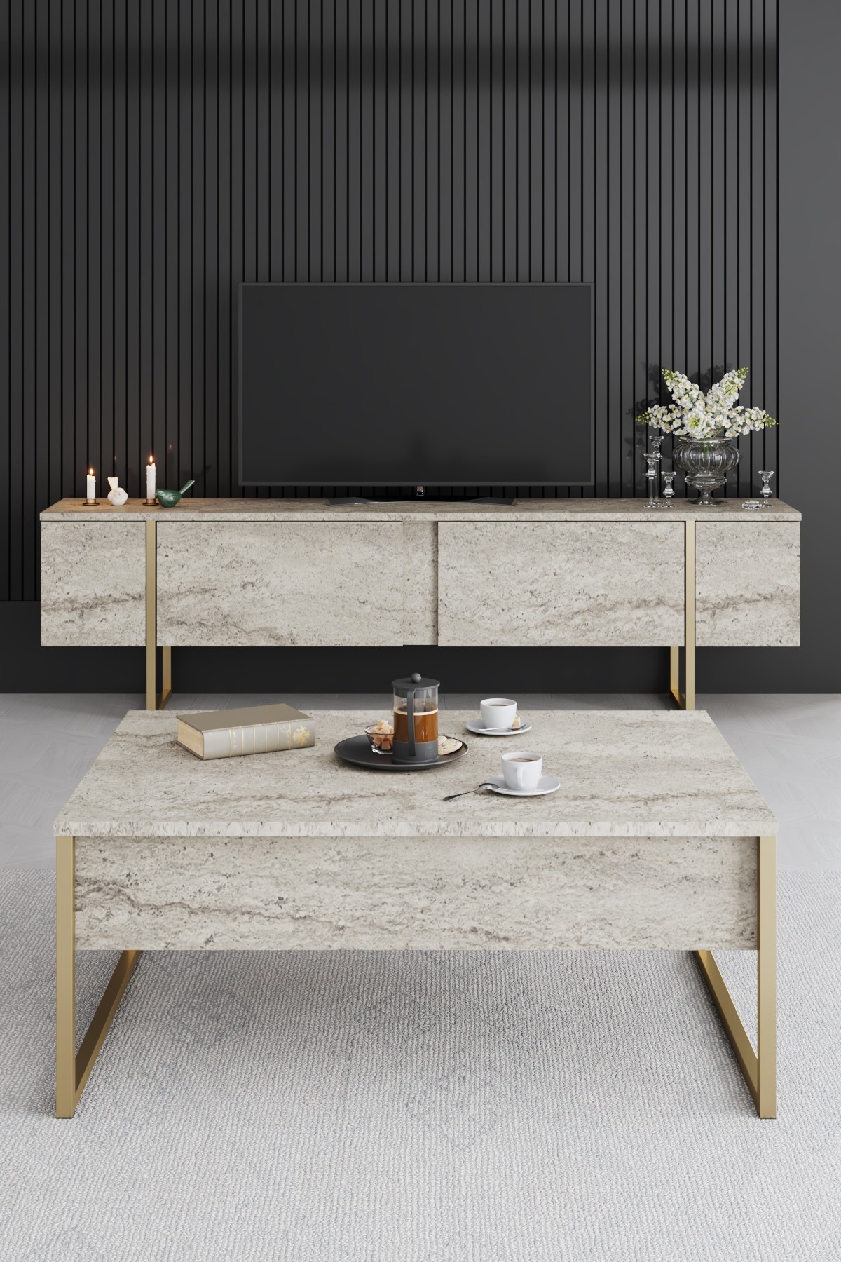 Luxe Couchtisch Holz Travertine Gold