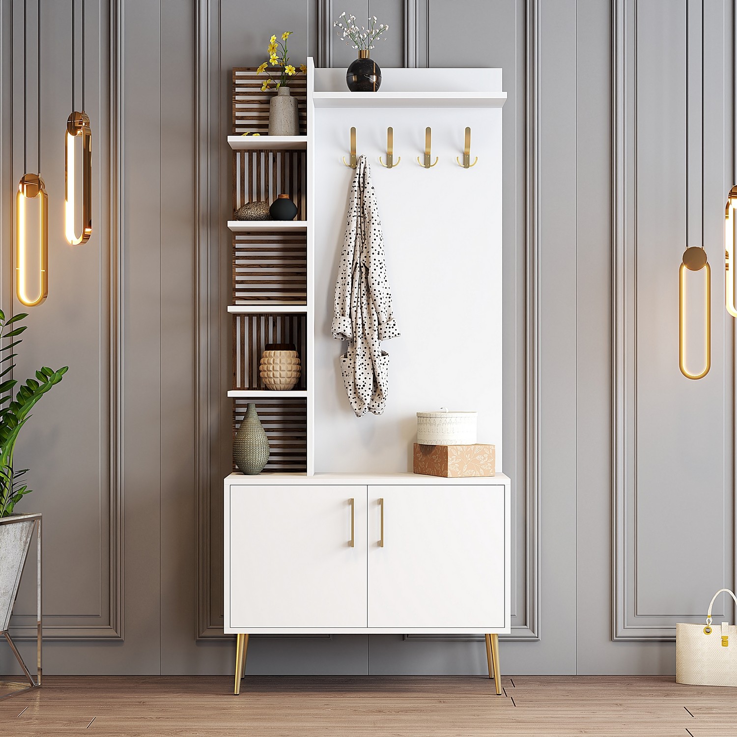 Viyana Guardaroba bianco con dettagli dorati 90cm x 200cm