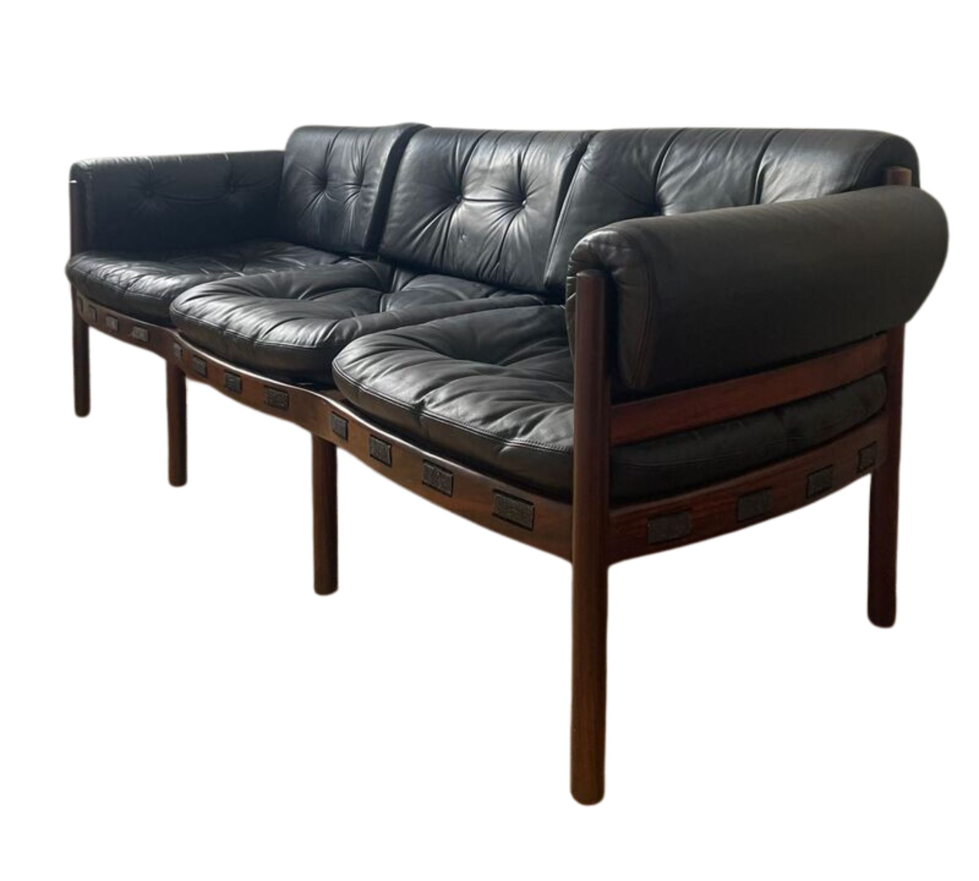 Sofa 3-Sitzer Leder Holz Schwarz 1970er Jahre