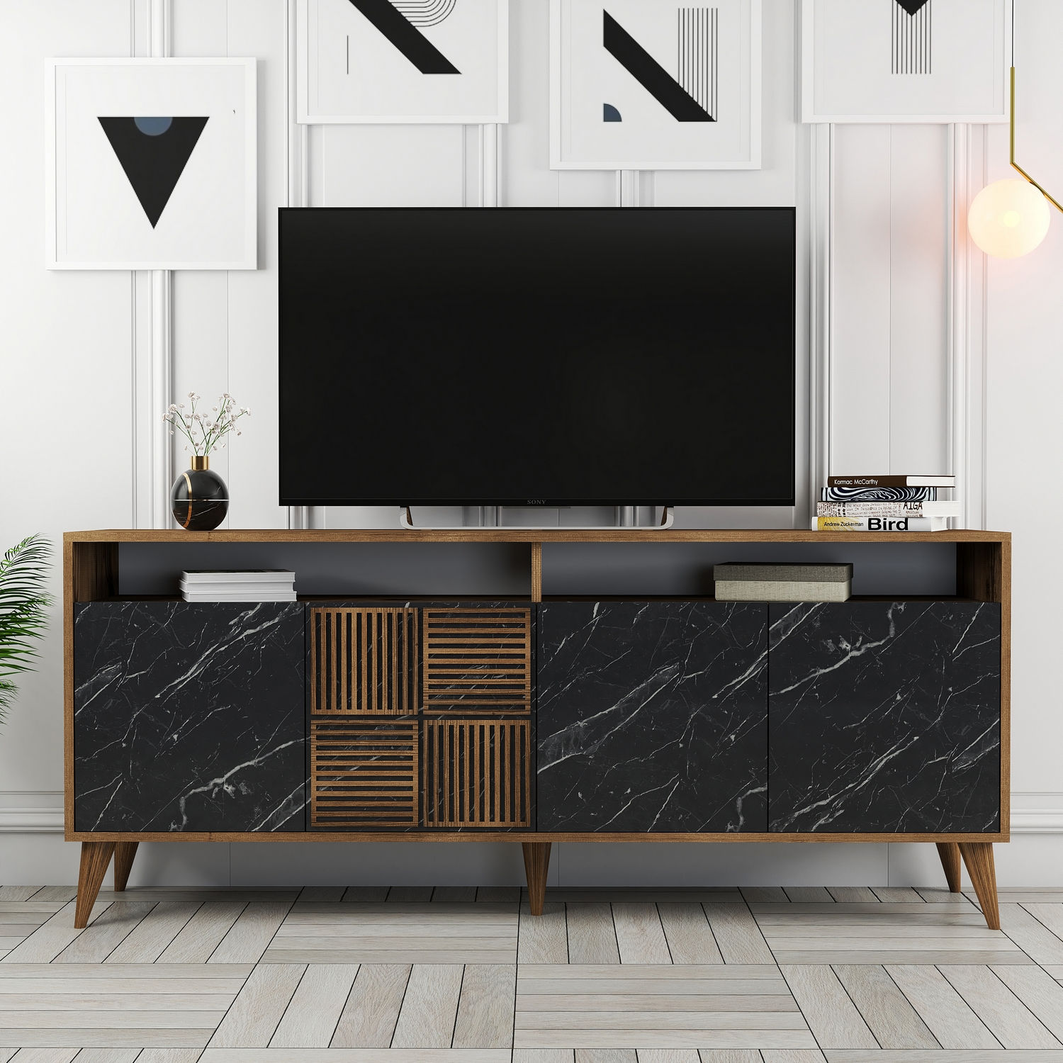 Milan Sideboard Walnussbraun Marmoroptik Schwarz 180cm