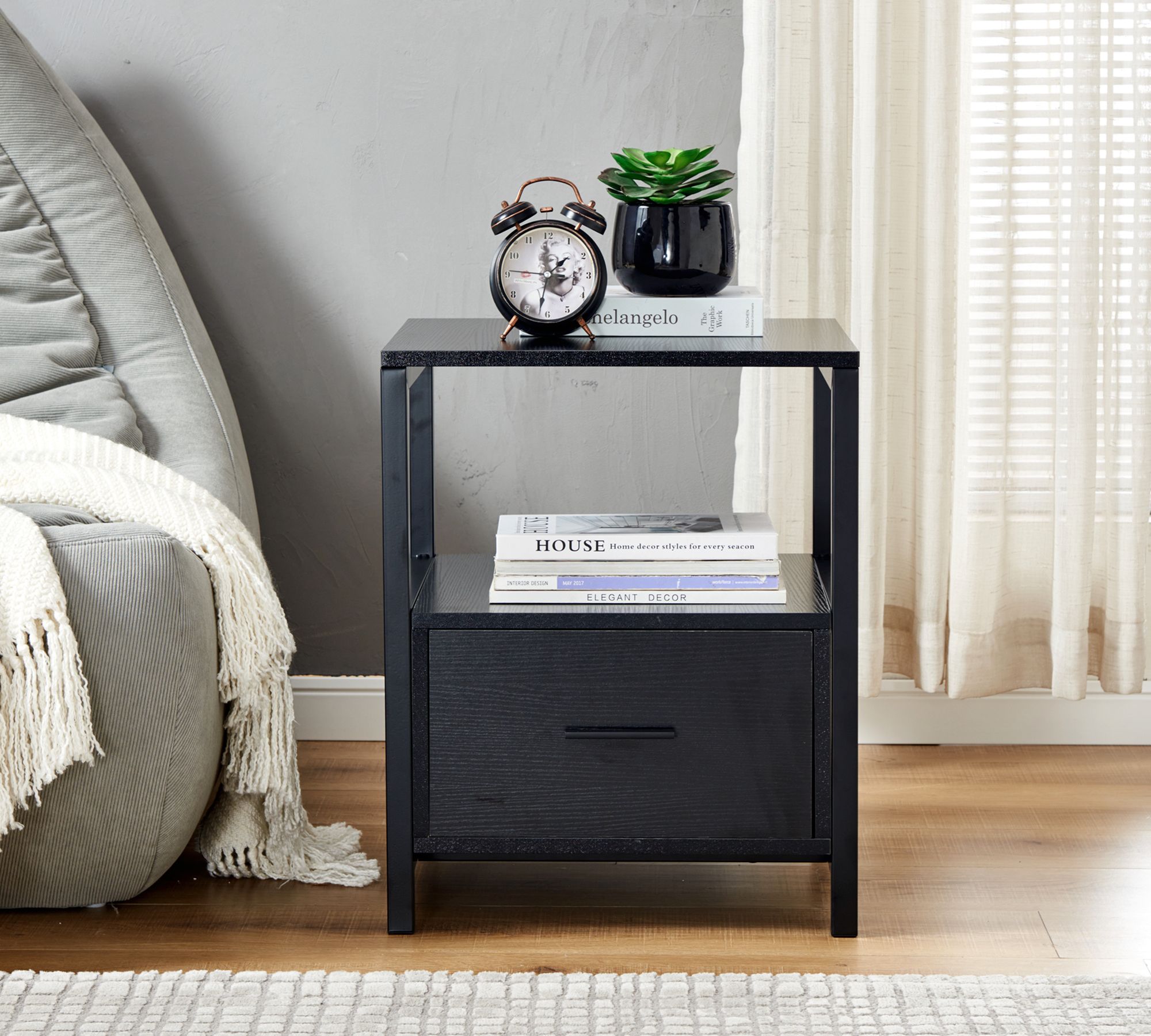 Beistelltisch mit Schublade Holz Schwarz