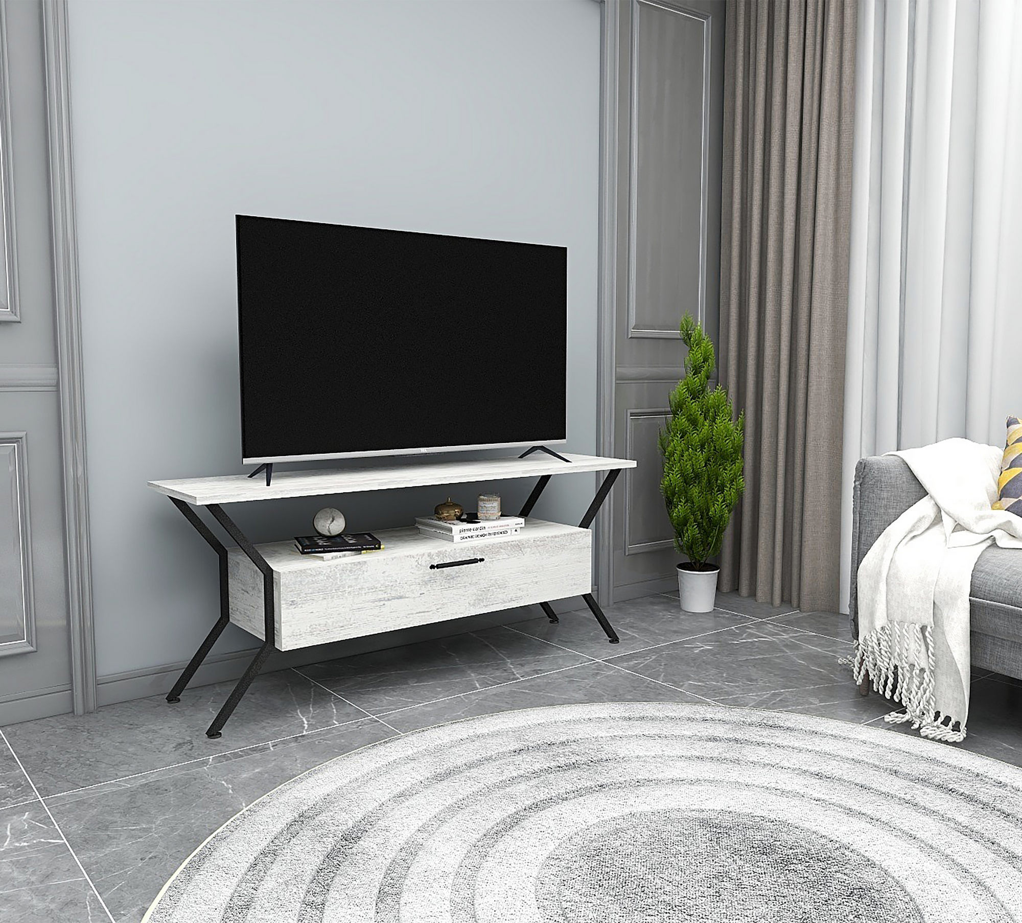 Tarz Lowboard Holzfurnier Grau Schwarz