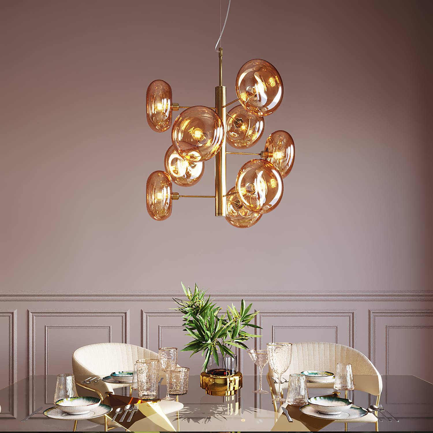 9-Flammig Hängeleuchte Headline Brass Stahl Glas Gold