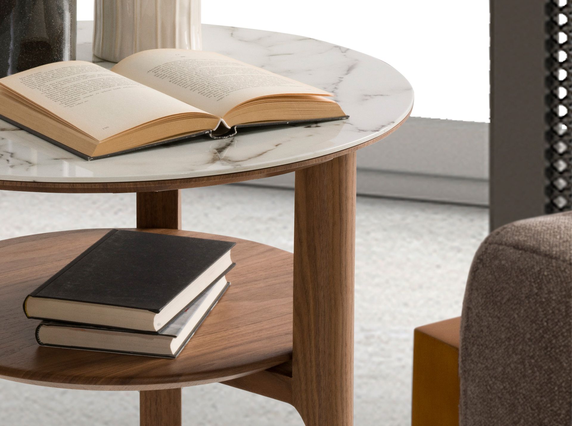 Round side table marble walnut