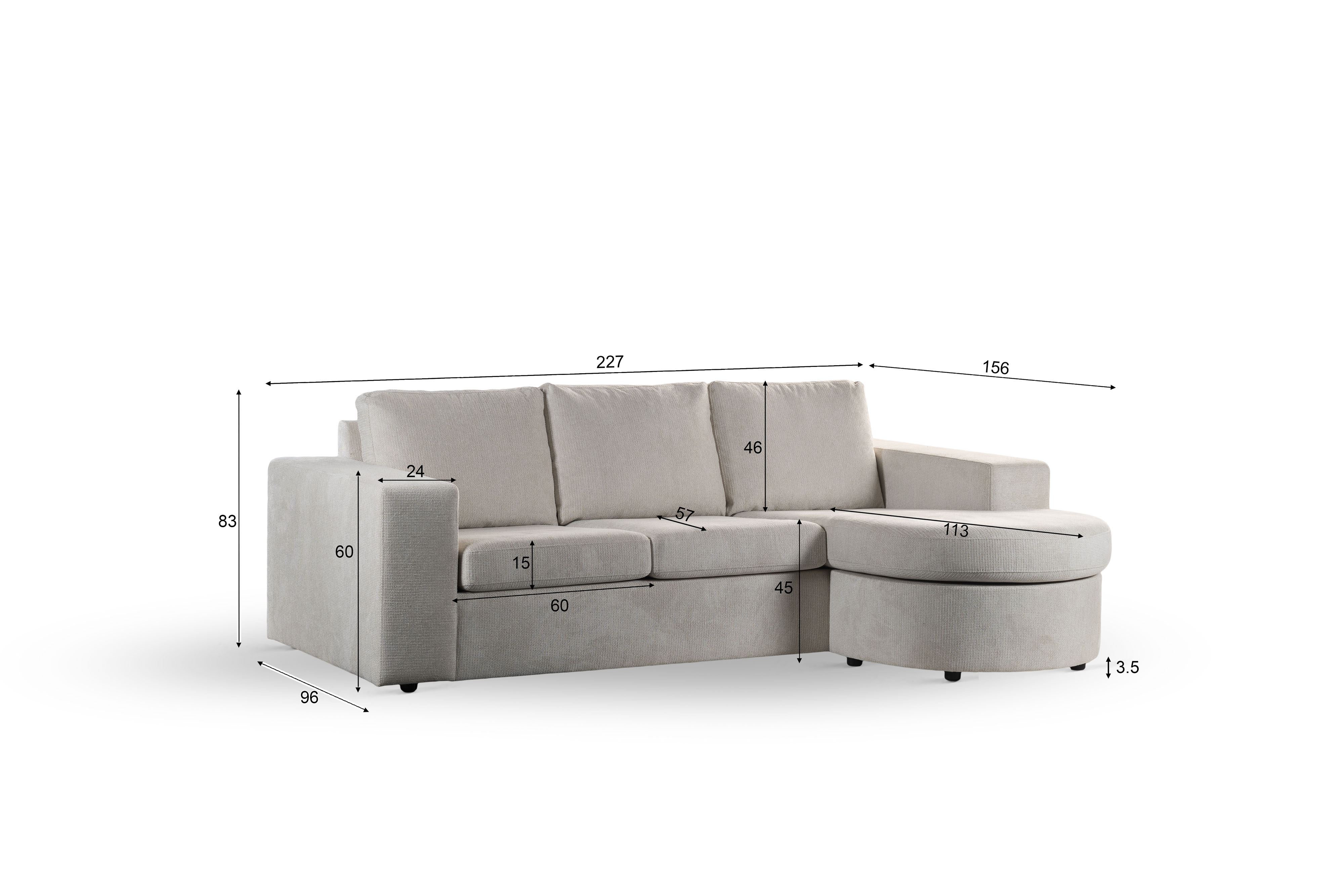 Sofa 3-Sitzer Chaiselongue Rechts Links Stoff Beige