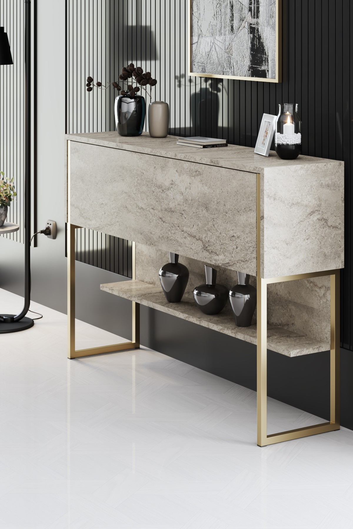 Luxe Set Wohnzimmermöbel-Set Holz Travertine Gold