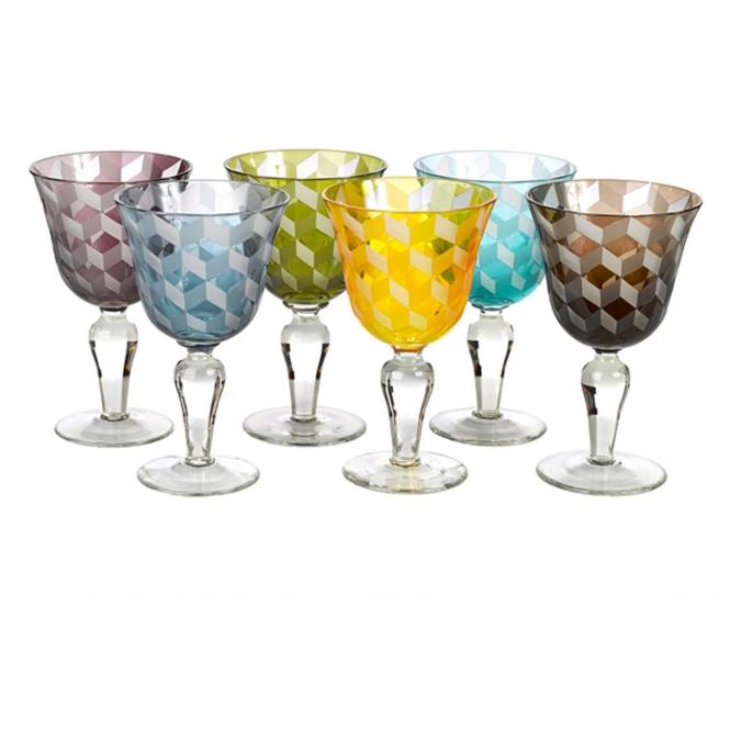6x Blocks Wine glass with diamond cut Multicolored