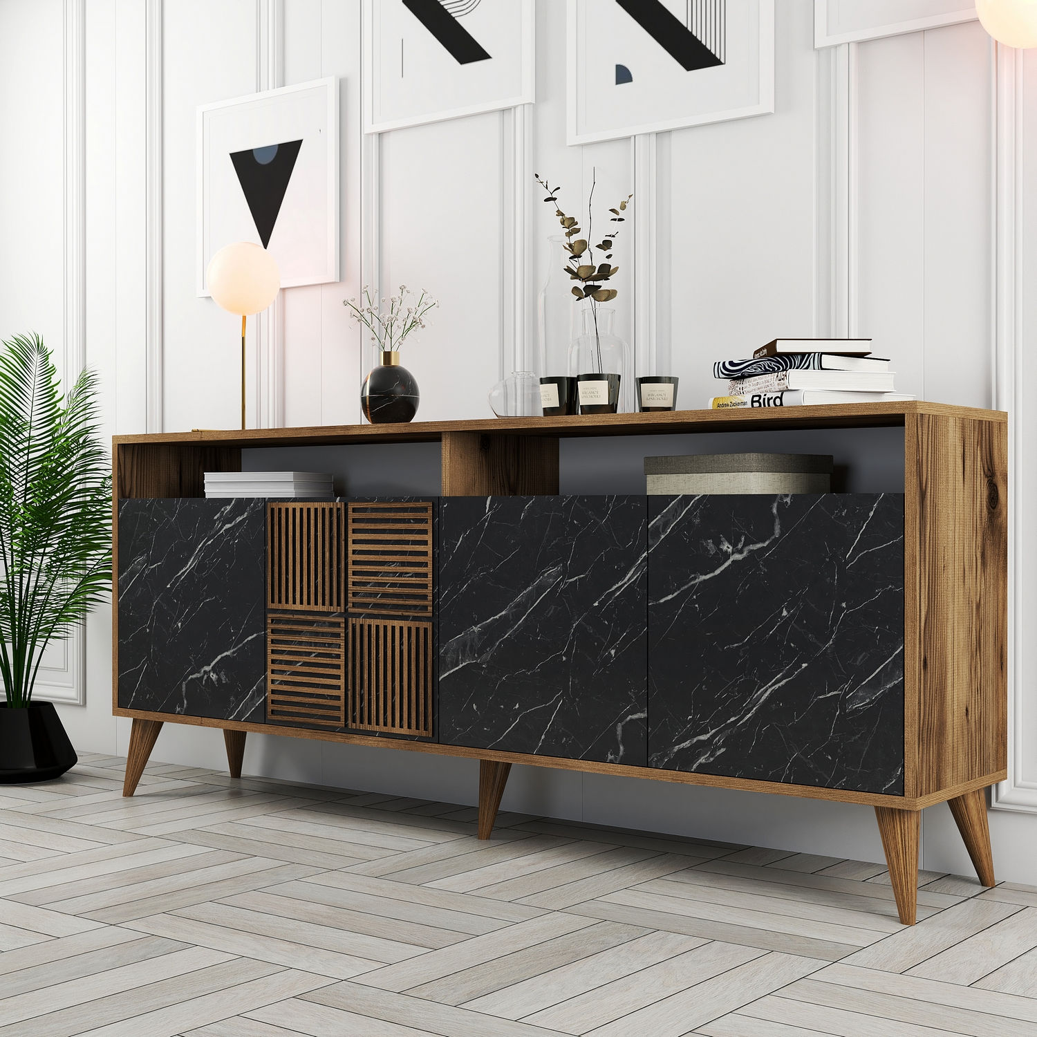 Milan Sideboard Walnussbraun Marmoroptik Schwarz 180cm