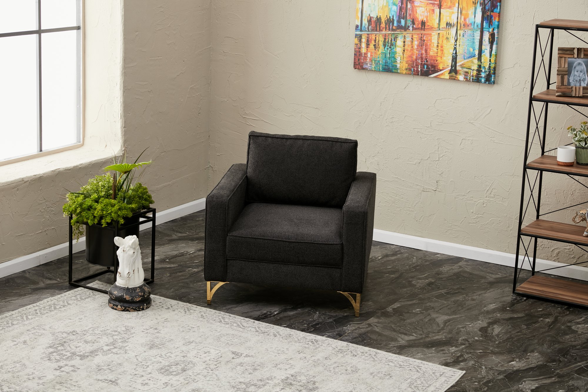 Lima Sessel Anthrazit mit goldenen Beinen