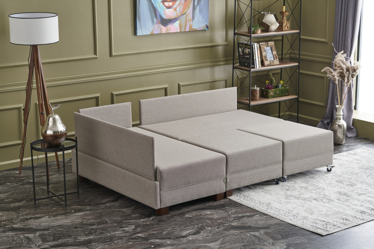 Fly Ecksofa Links mit 2 Hockern Creme