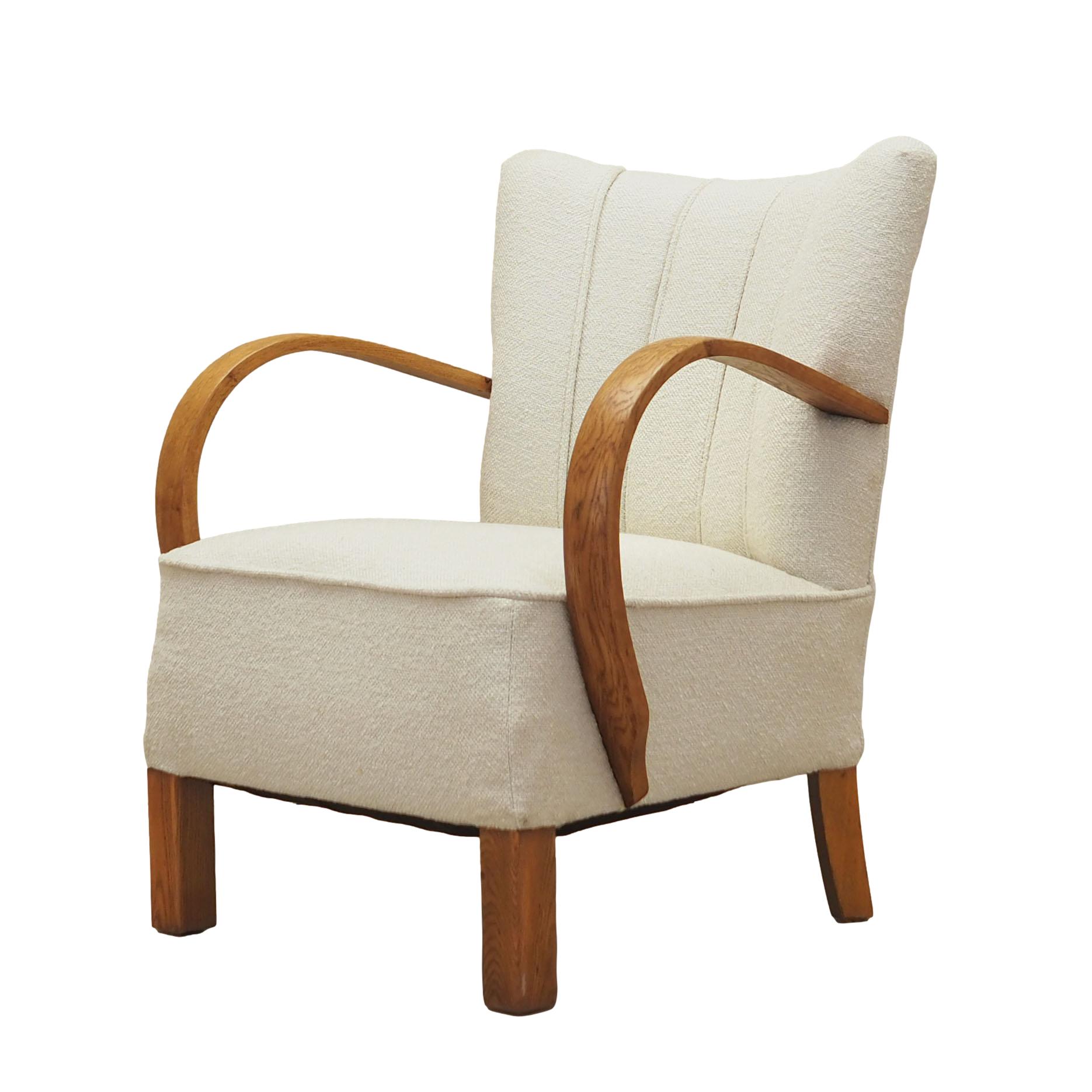 Vintage armchair oak wood textile cream 1950s
