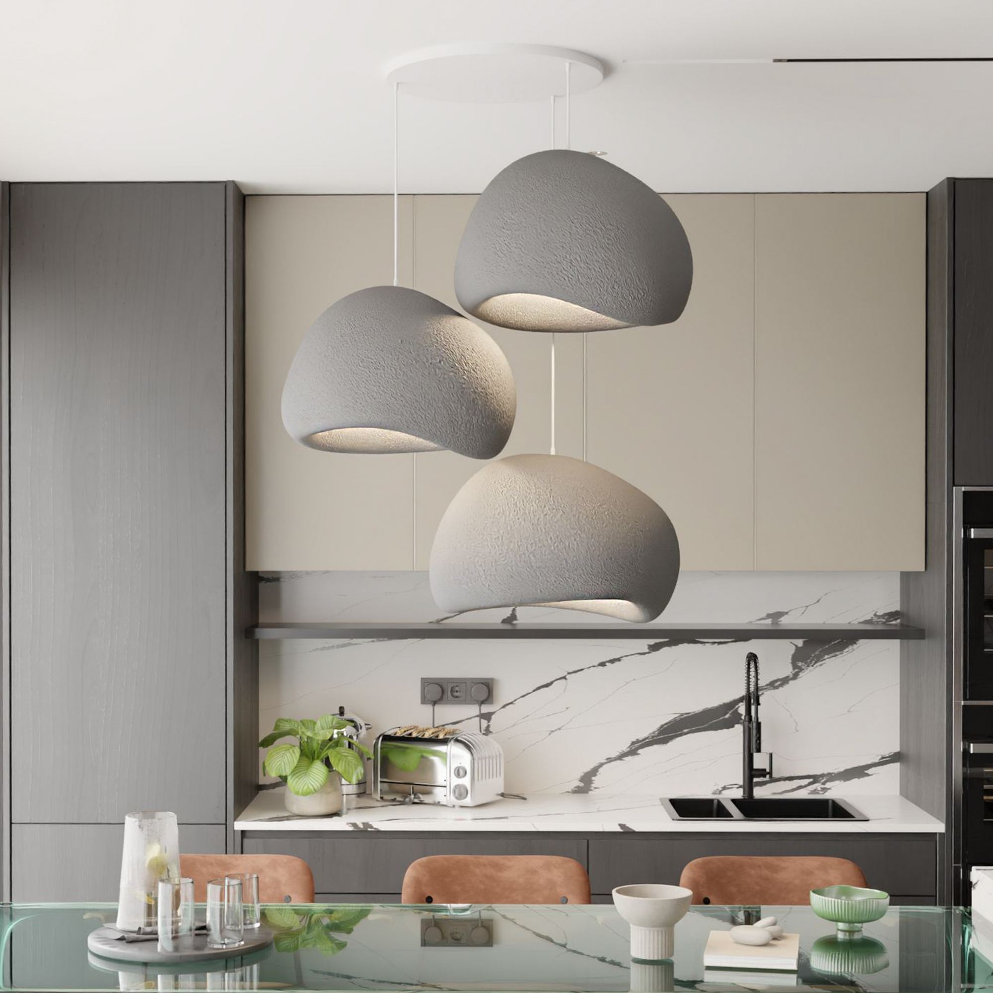 3-Flammig Wabi Sabi Claylights Pendelleuchte Beton Grau