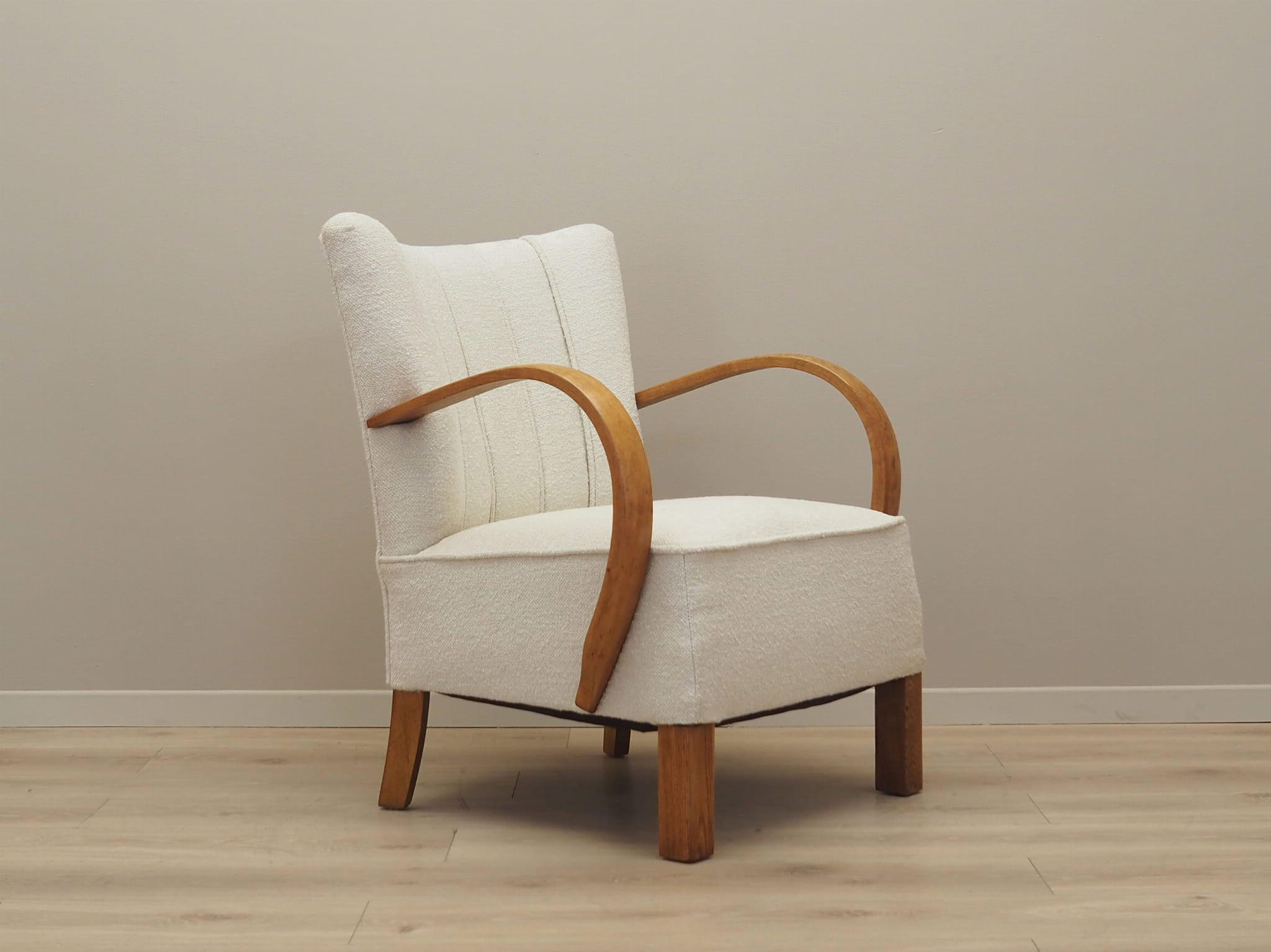 Vintage armchair oak wood textile cream 1950s