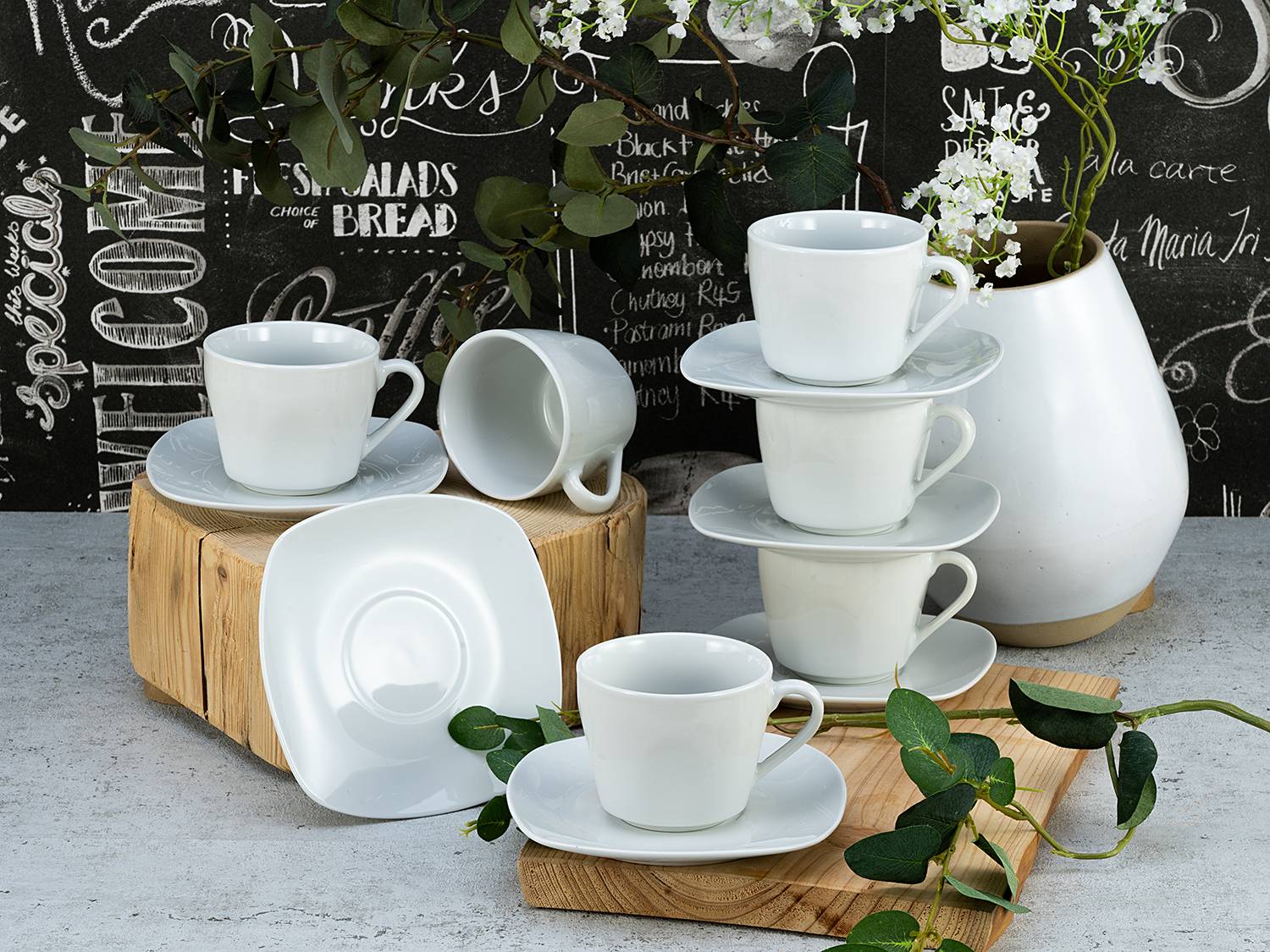 12x Kaffeetassen Square Porzellan Weiß
