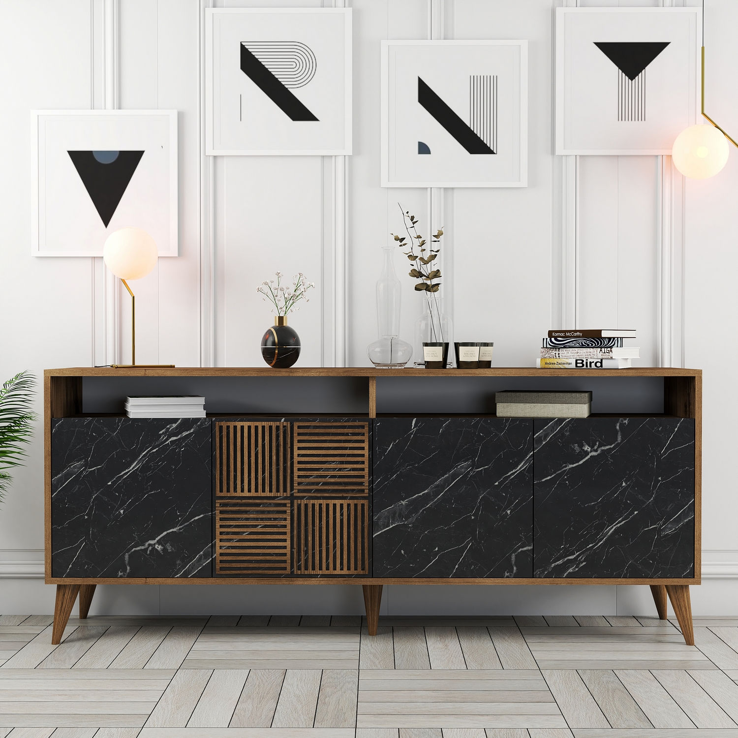 Milan Sideboard Walnussbraun Marmoroptik Schwarz 180cm