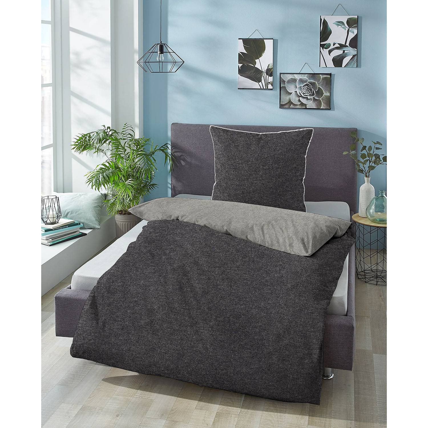 Careno Bettwäsche Baumwolle Grau 155x220cm Kissen 80x80cm