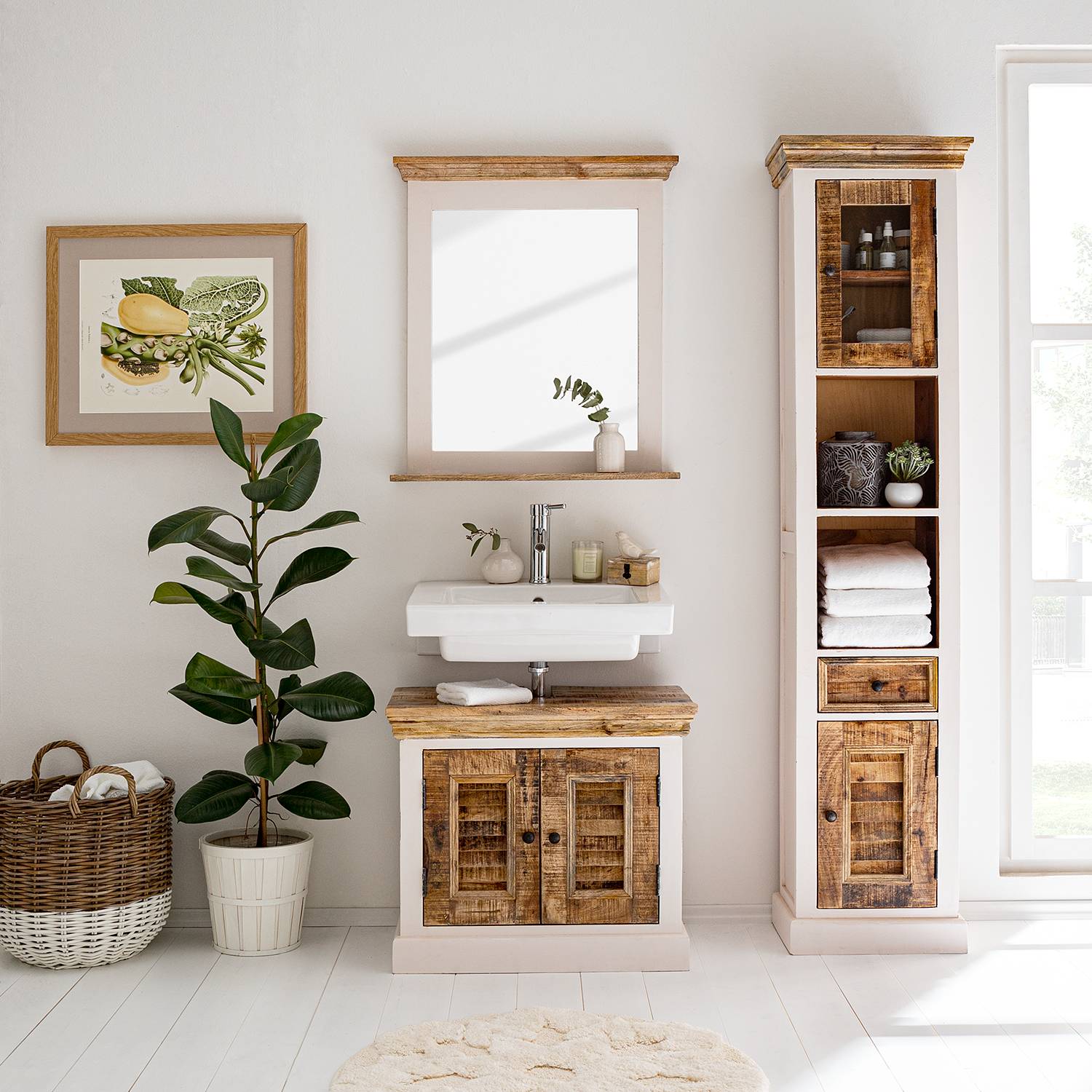 Waschbeckenunterschrank Newhaven Mango teilmassiv Weiß