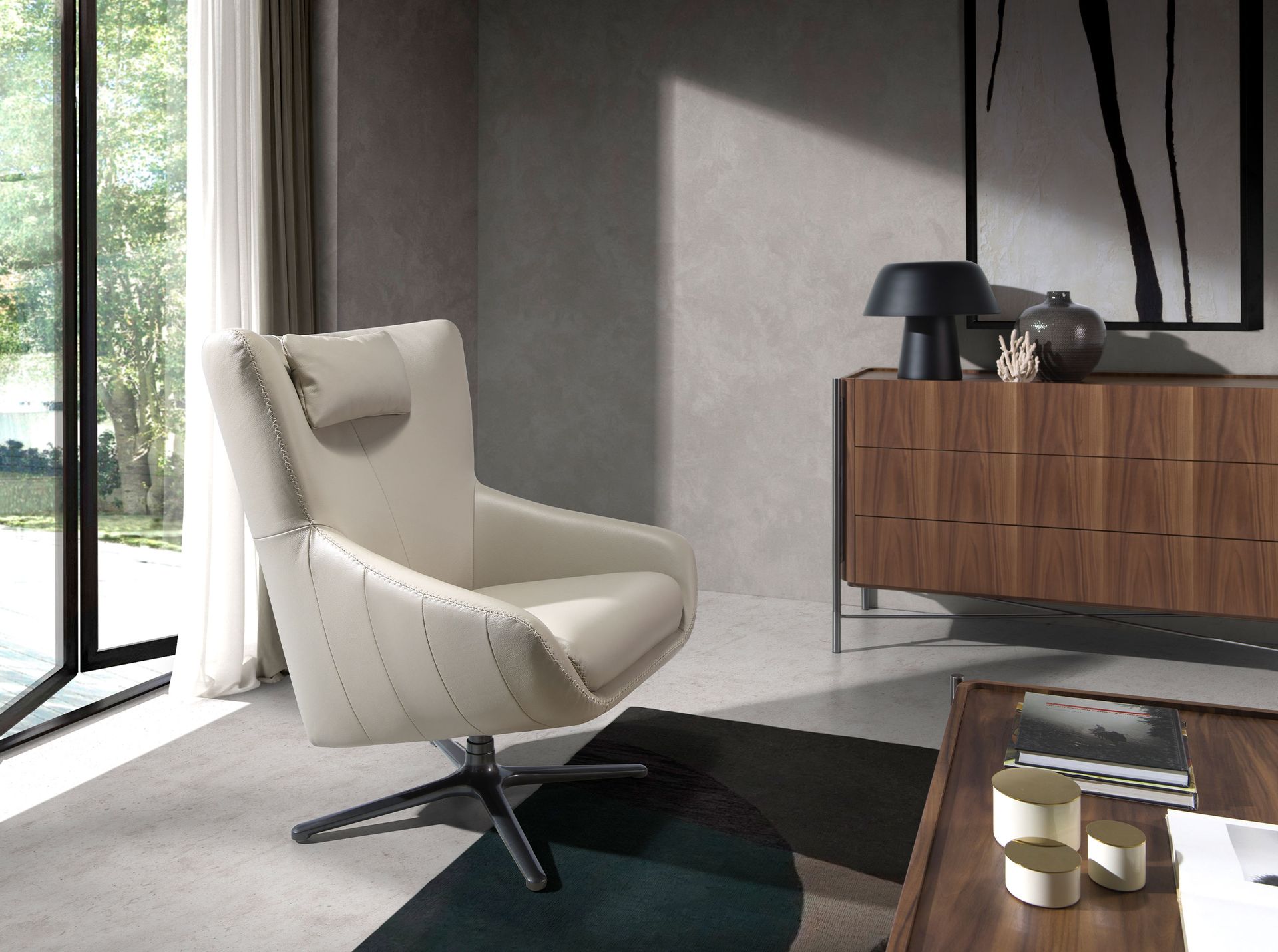 Grey taupe leather swivel armchair 5090
