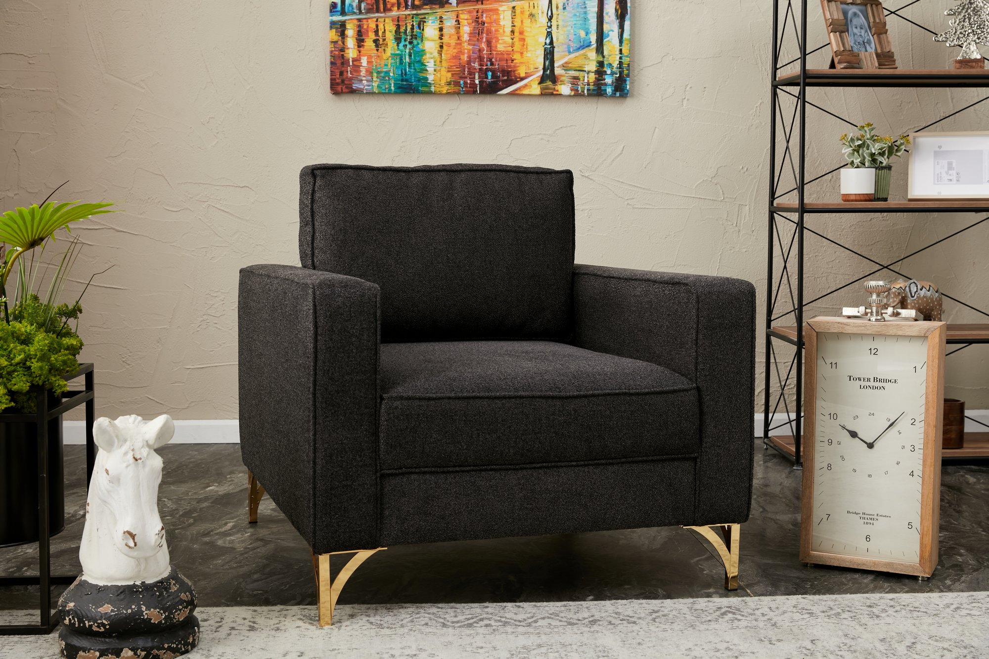 Lima Sessel Anthrazit mit goldenen Beinen