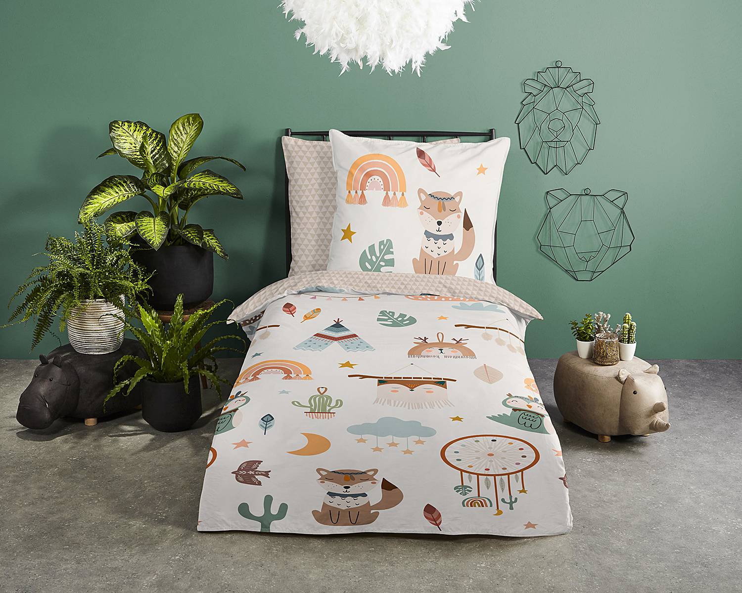 Kinderbettwäsche Eule und Fuchs Baumwolle Mehrfarbig