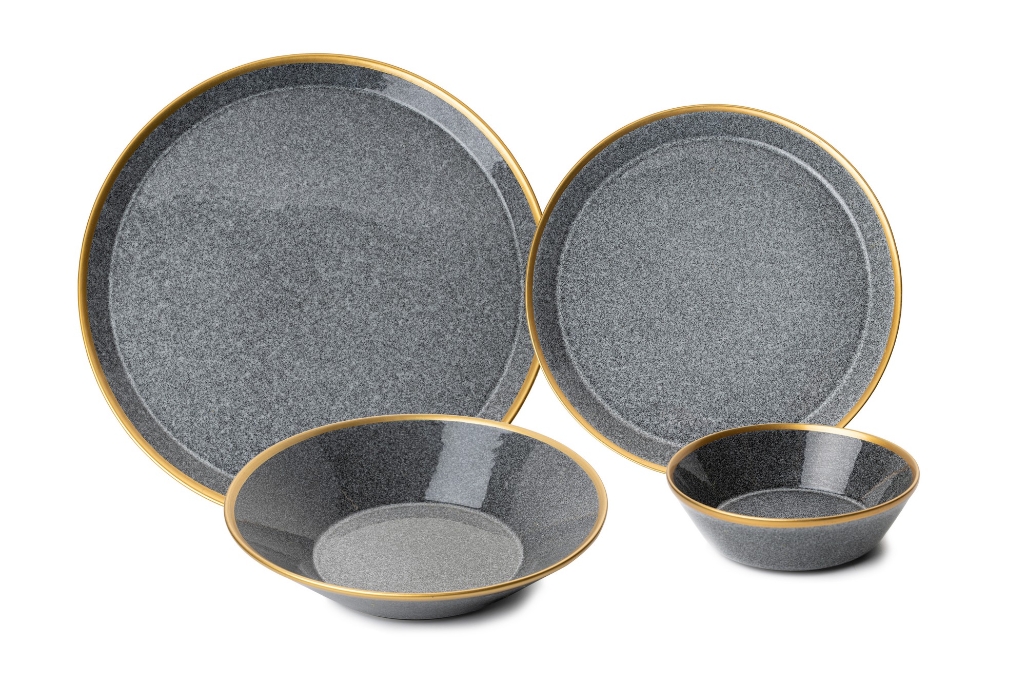 Geschirrset 16-tlg. Porzellan Schwarz Gold 4 Personen