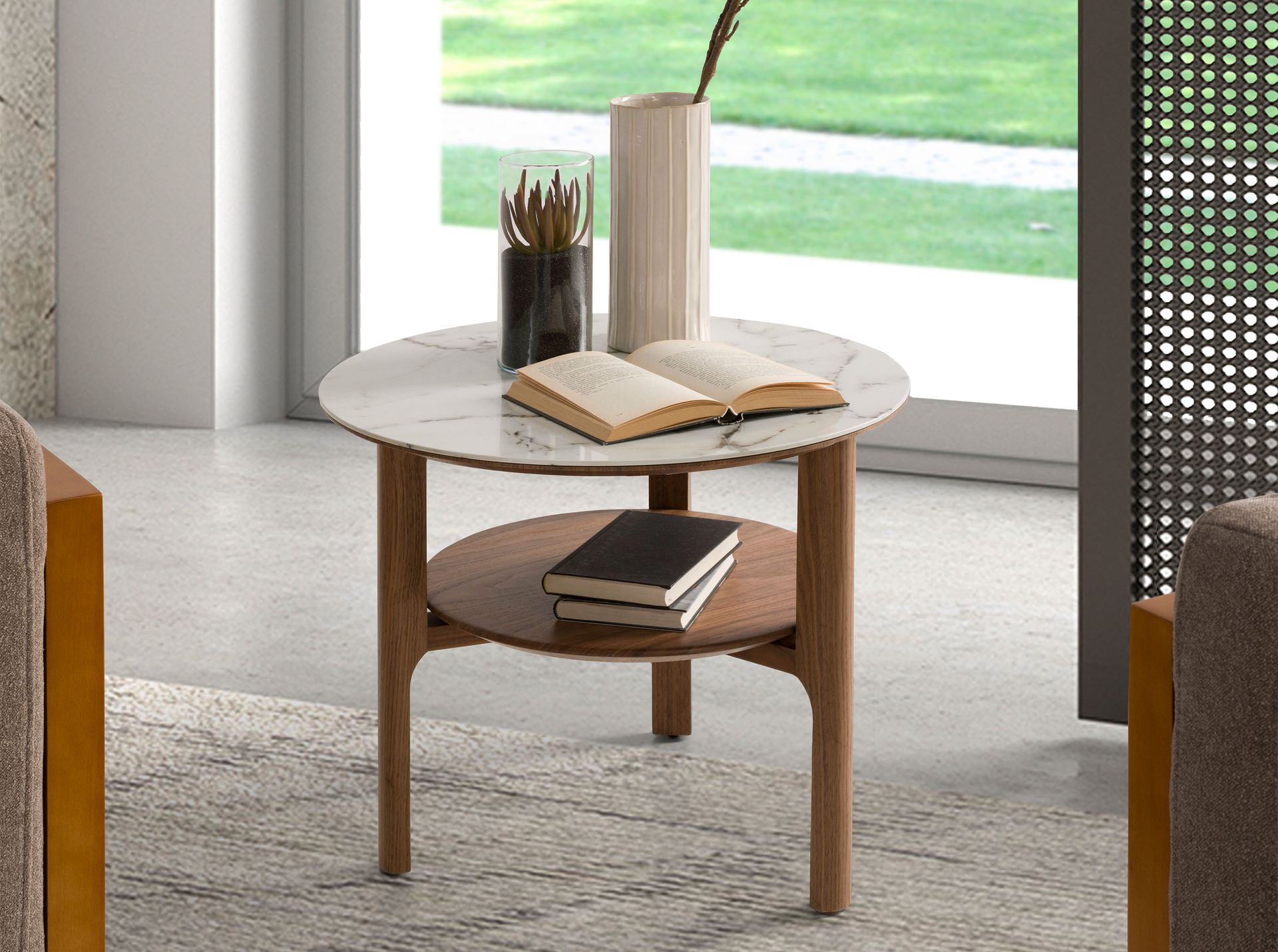 Runder Beistelltisch Marmor Nussbaum