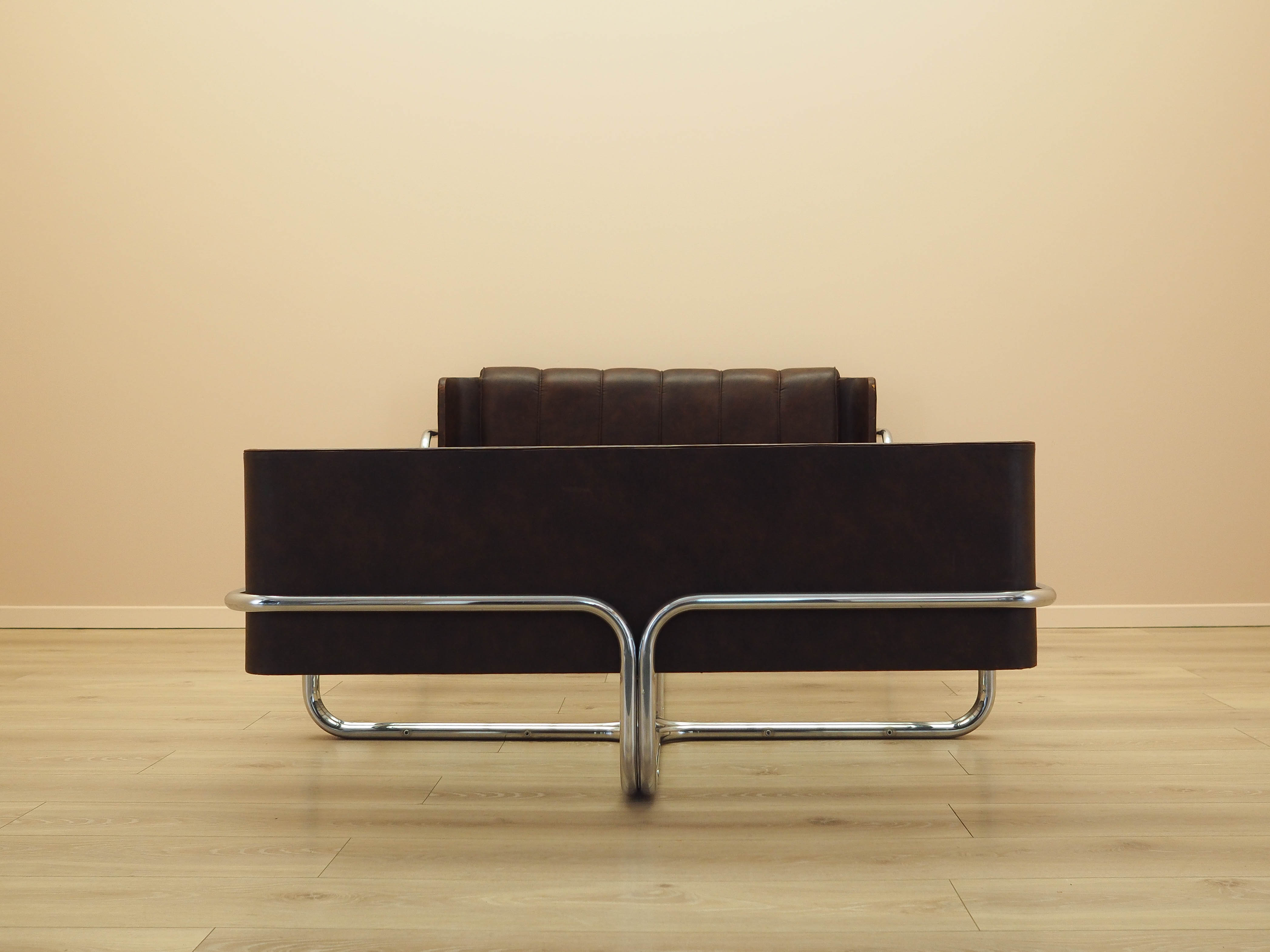 Vintage Bed Metal Frame Natural Leather Brown 1980s