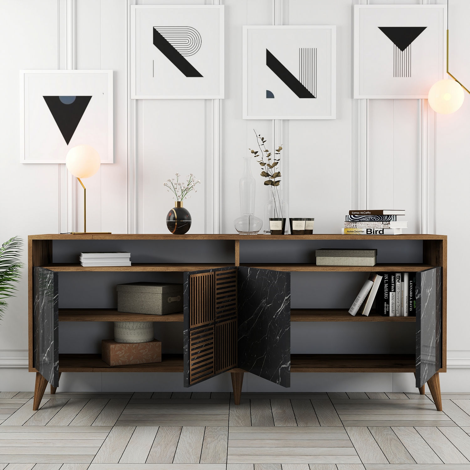 Milan Sideboard Walnussbraun Marmoroptik Schwarz 180cm