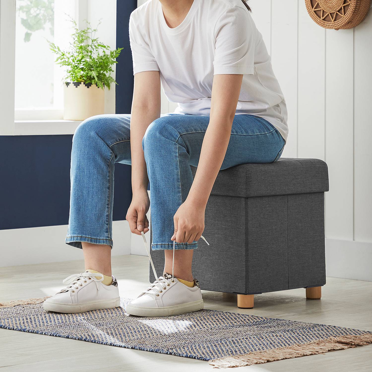 Upholstered Ottoman Oblava with Storage Space Woven Fabric Solid Birch Grey