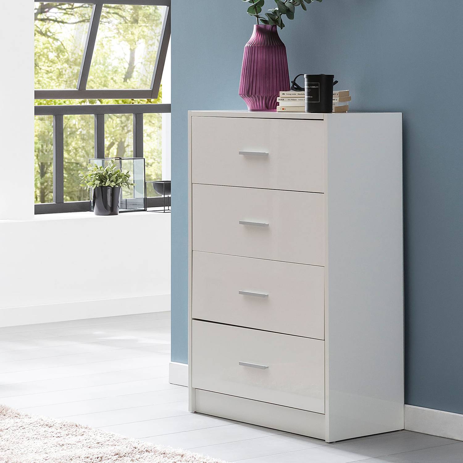 Kommode Carmelo Weiß Silber Höhe: 90 cm