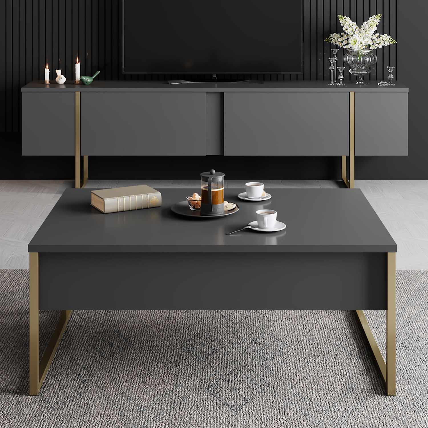 Luxe Couchtisch Holz Anthrazit Gold