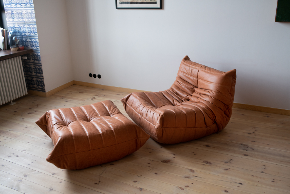 Togo armchair and ottoman set pull-up leather peach brown