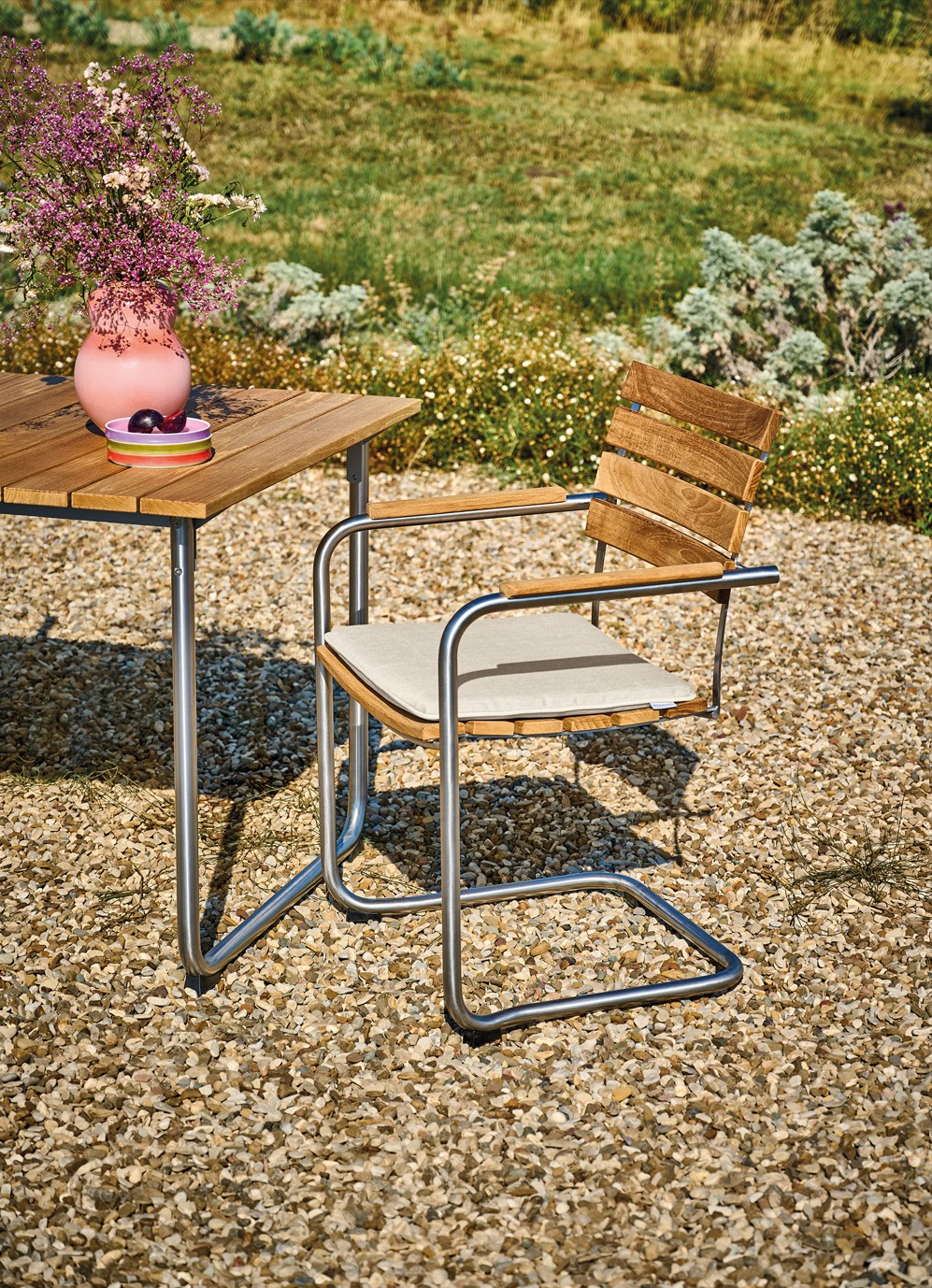 Prato Sessel Edelstahl Teak mit Sitzpolster Grau