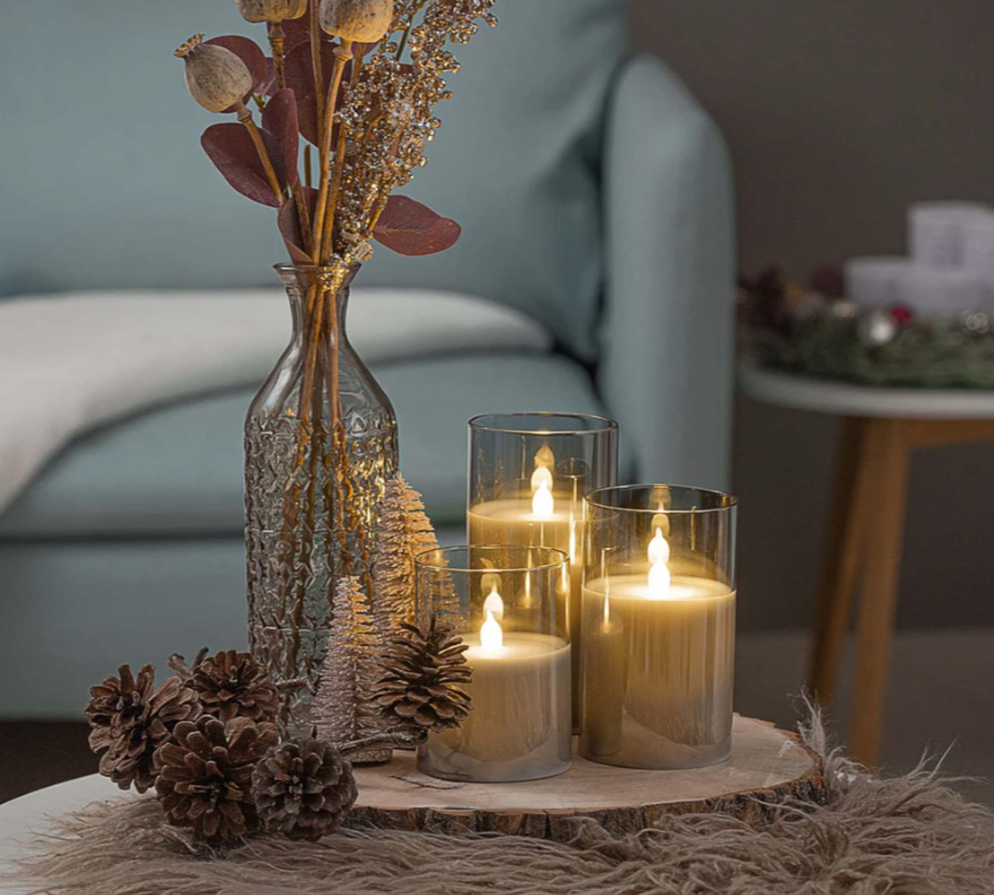 3x LED Candle Clear Glass Natural Fiber