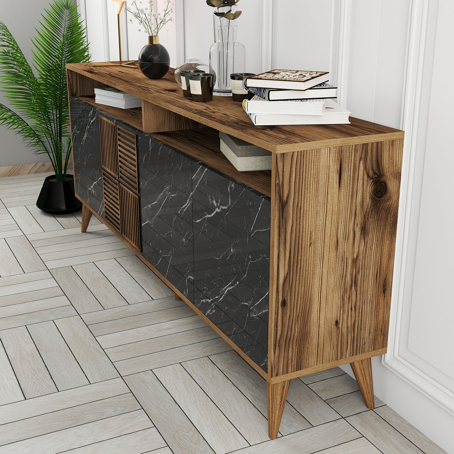 Milan Sideboard Walnussbraun Marmoroptik Schwarz 180cm