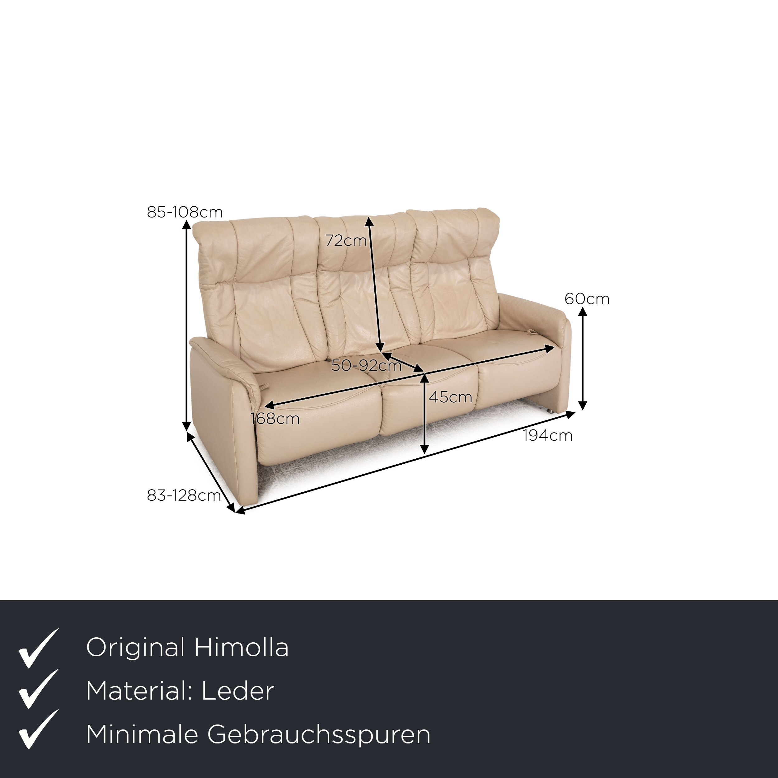 Cumuly Sofa 3-Sitzer mit Relaxfunktion Leder Creme