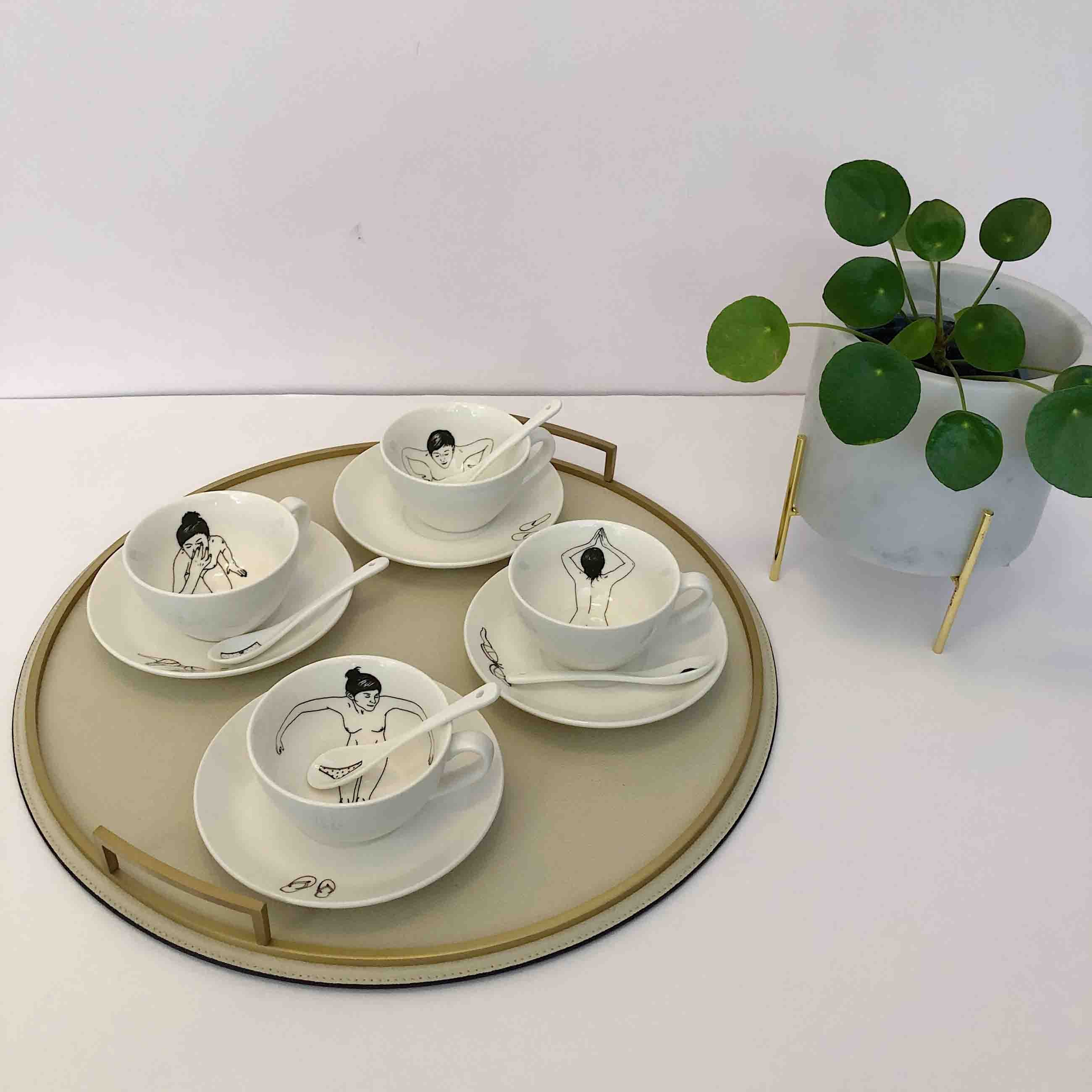 4x Undressed Kaffeetasse mit Untertasse und Löffel