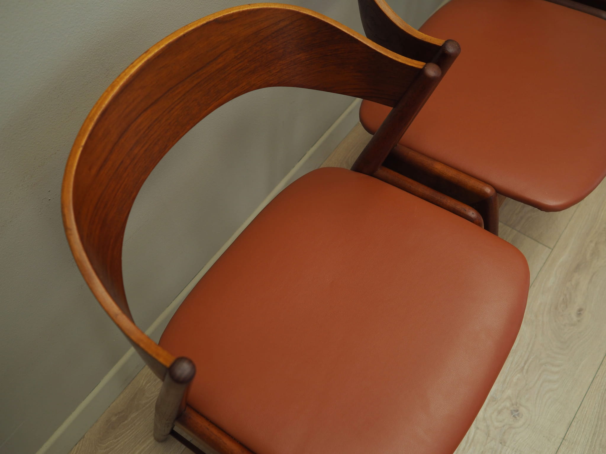 4x Chair Teak Wood Faux Leather Beige 1970s
